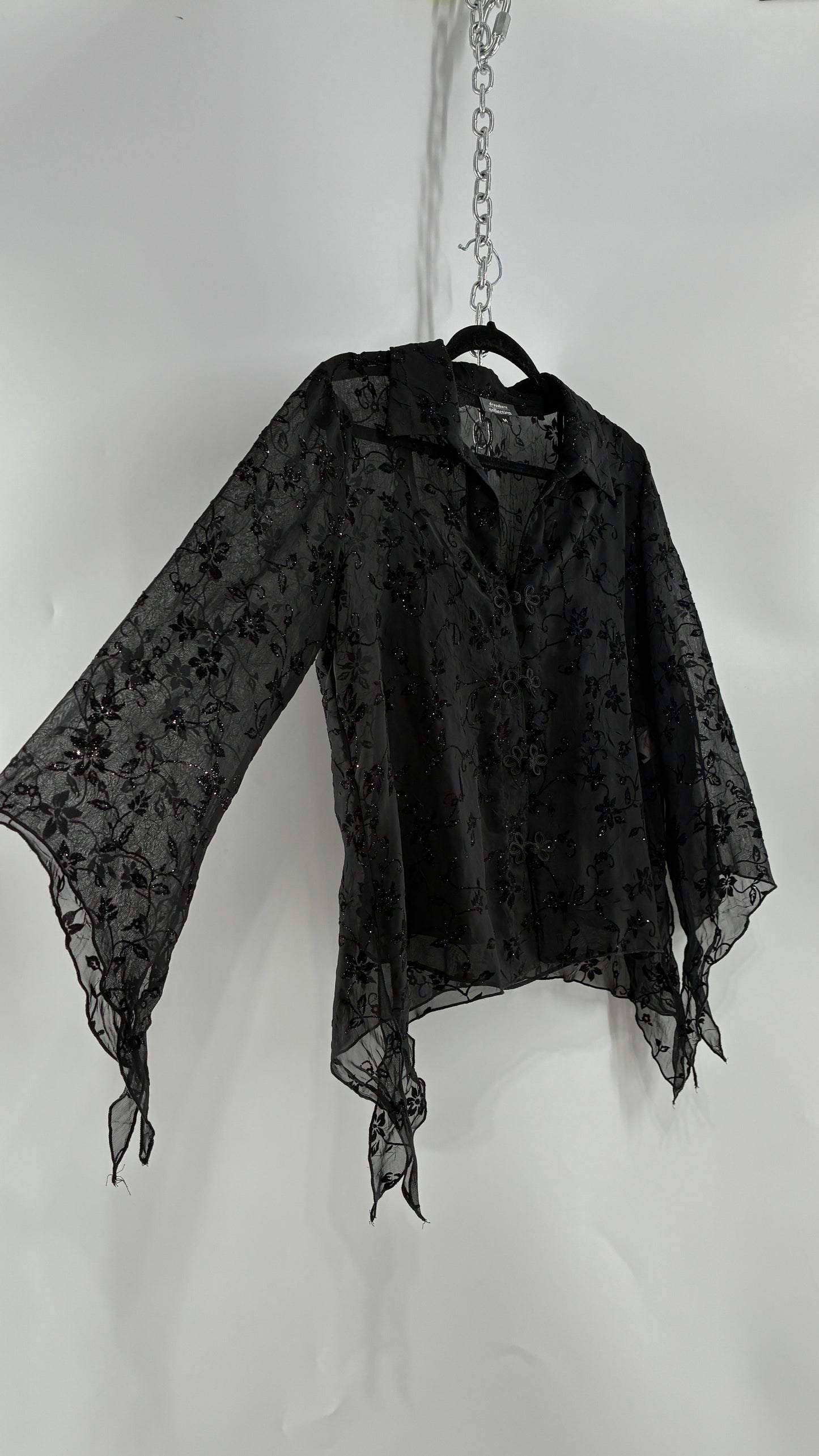 Vintage Black Handkerchief Hem Button Front Velvet Patterned Blouse (Medium)