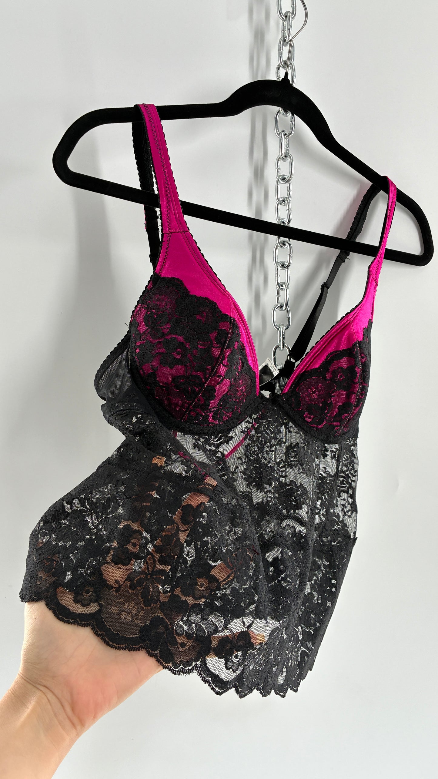 Vintage DONNA LOREN Black Lace Bustier with Satin Pink Cups (34C)
