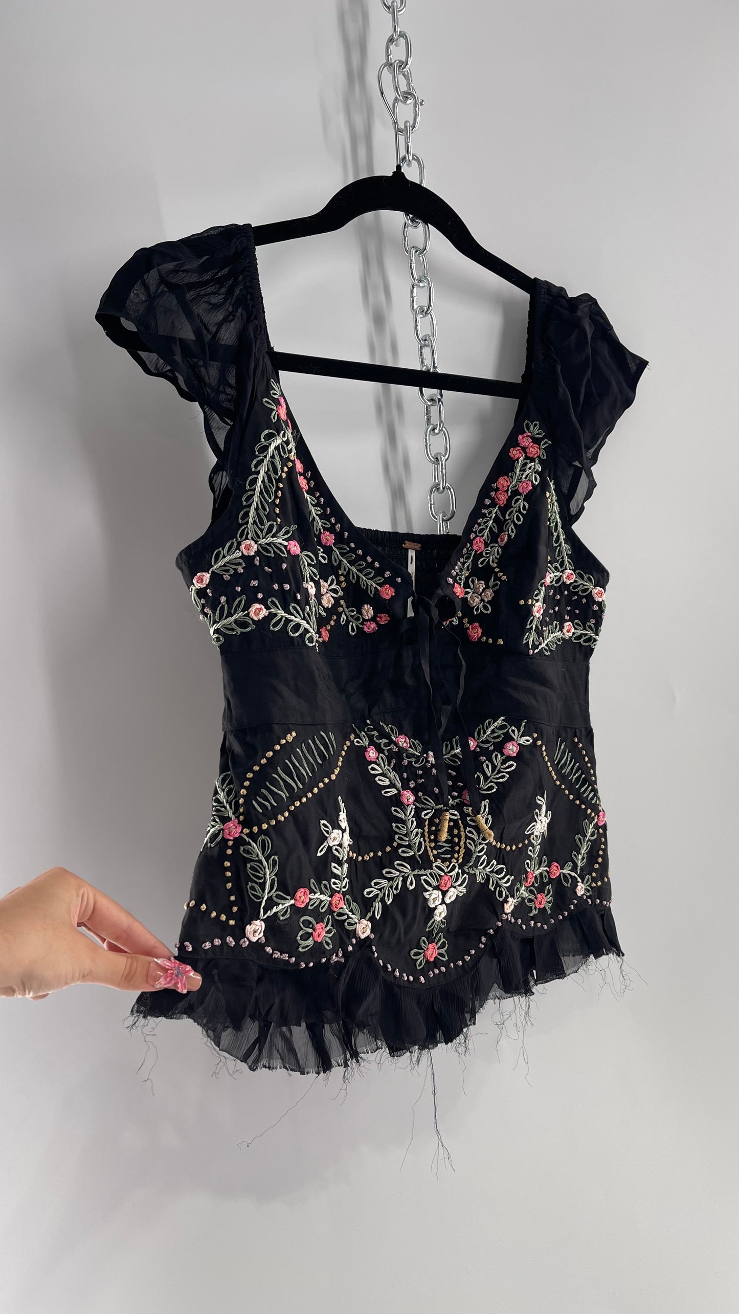 Free People Black Embroidered Tunic Blouse (XS)