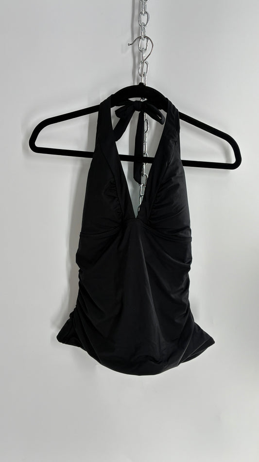 ATHLETA Black Ruched Halter Tank with Built in Lined Bra and Tags Attached (Small)