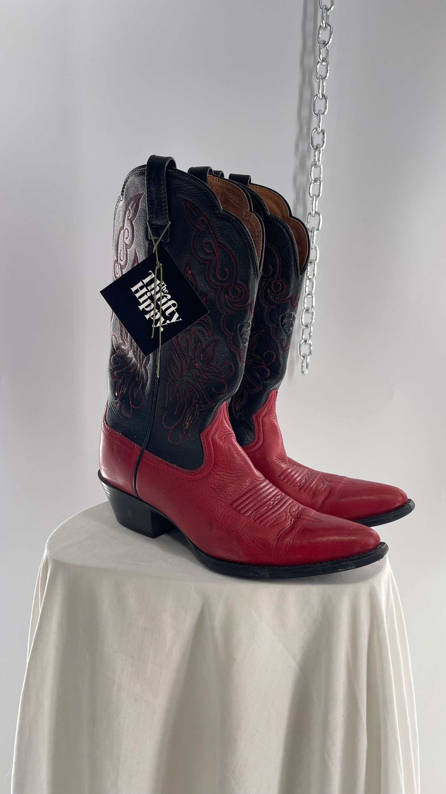 Vintage ARIAT Black and Red Embroidered Cowboy Boots (7.5)