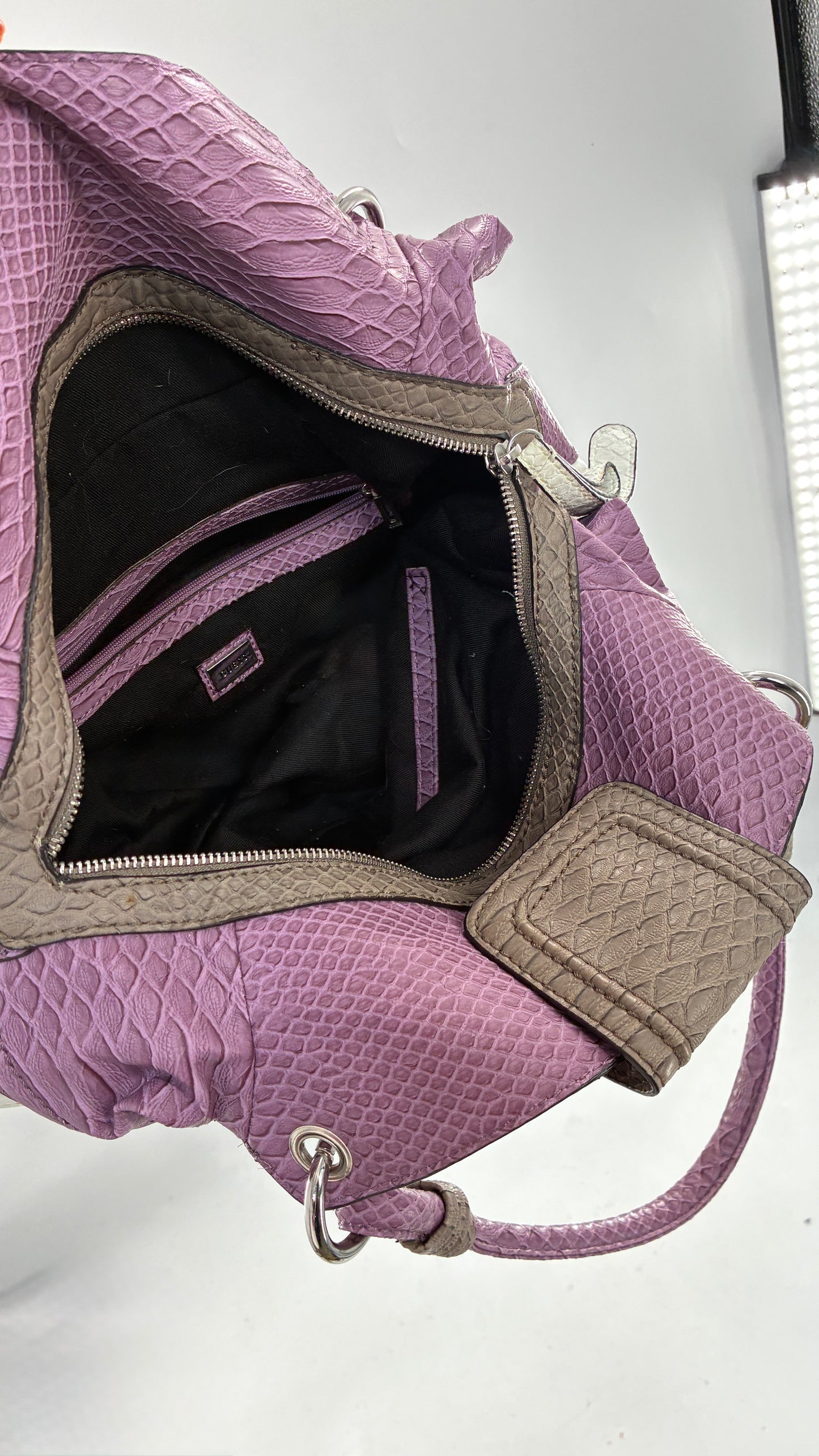 Vintage GUESS Snake Embossed Purple Purse with Oversized Logo Hardware
