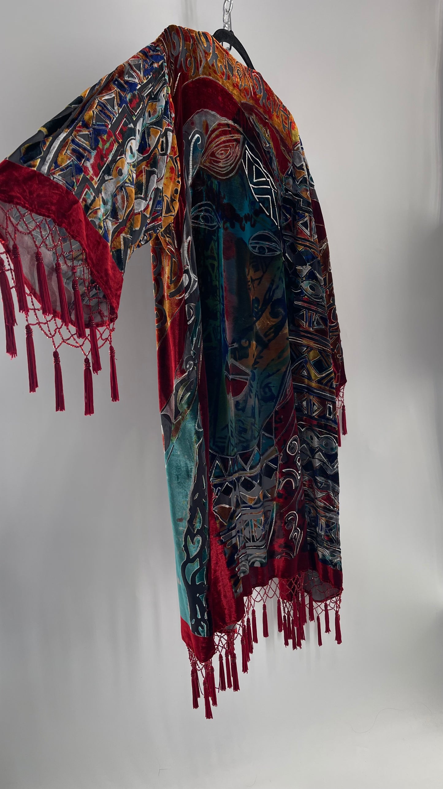 Vintage Burnout Buddhist Motif Velvet/Velour Beaded Fringe Duster Coat/Kimono with Tassel Sleeves and Hems (M/L)