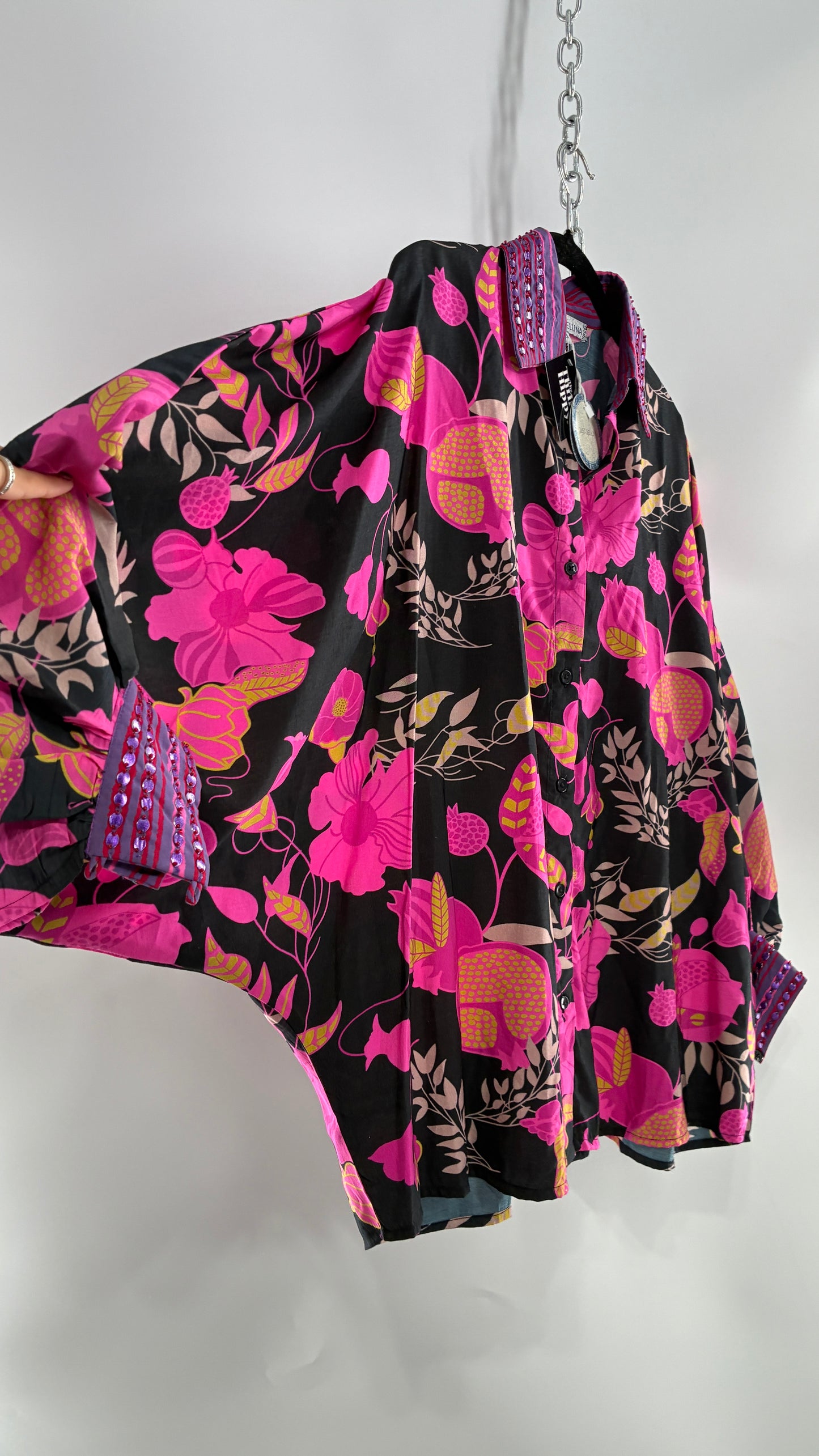JUST BELLINA Black Oversized Blouse with Exaggerated Sleeves, Embroidered Collar and Tags Attached (XS)