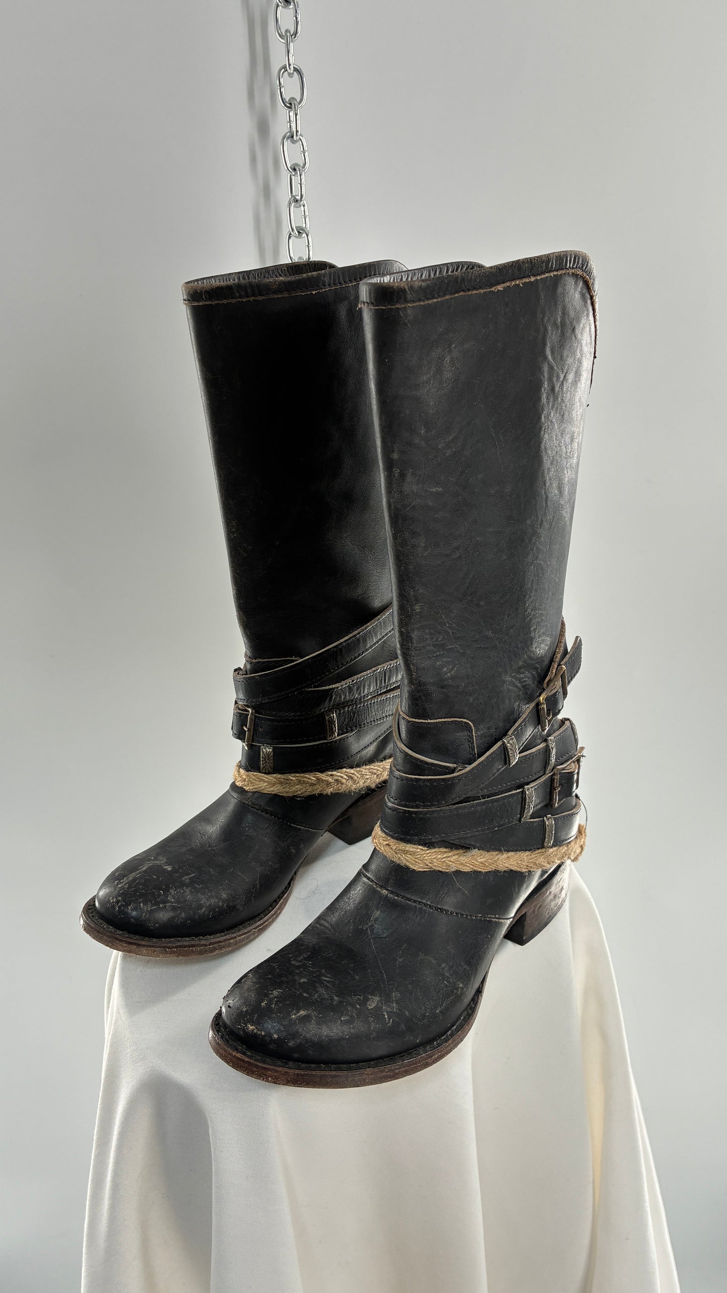 Vintage FREEBIRD Drove Distressed Black Leather Boot with Buckle Detailing (8)