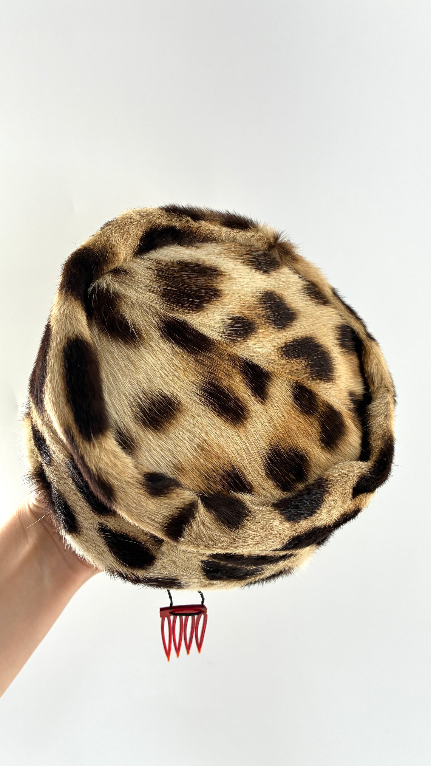 Vintage Cheetah Printed Genuine Fur Clip on Pill Box Hat