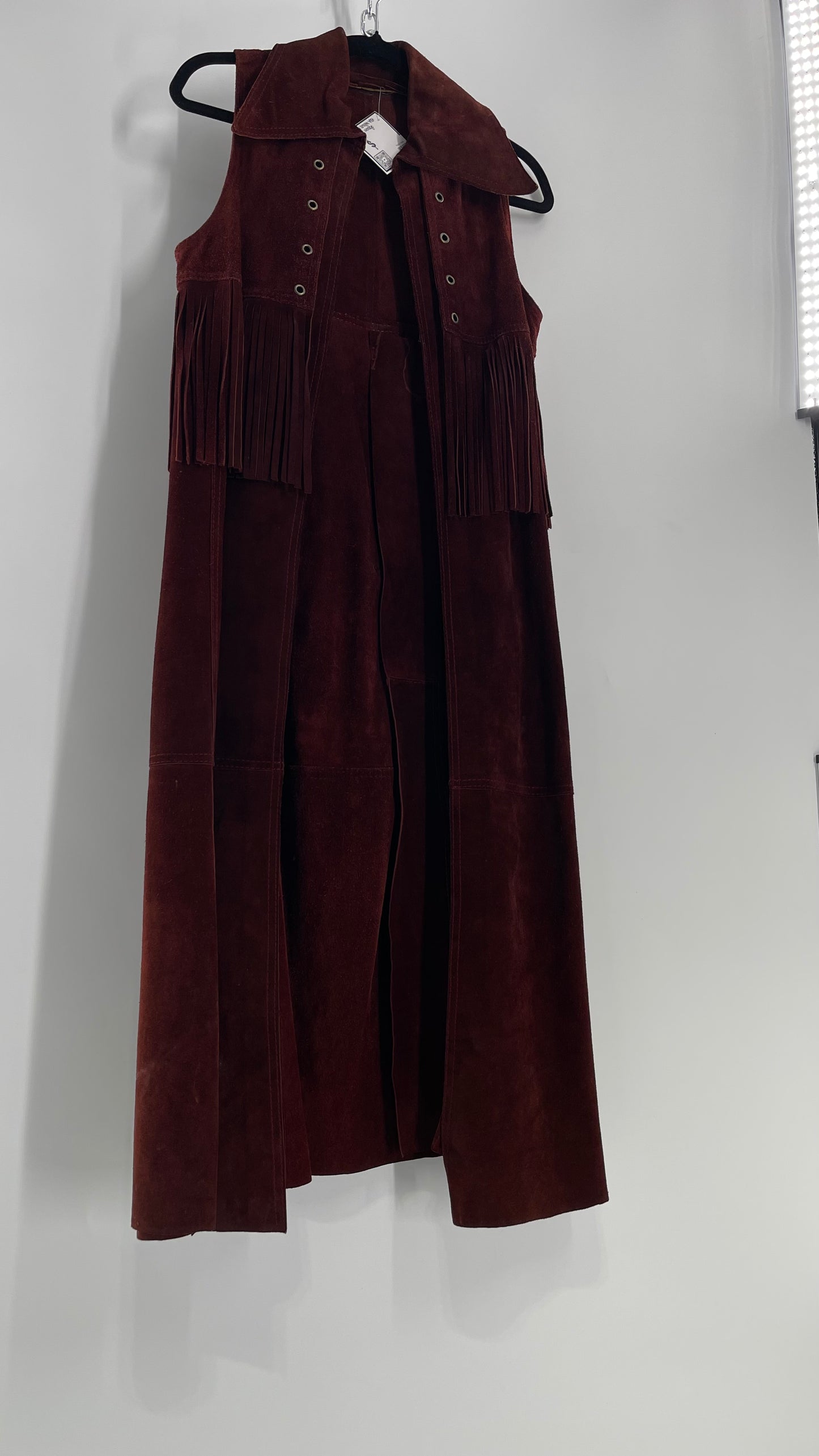 Vintage 1970s Suede Leather Full Length Reddish Brown Vest (S/M)