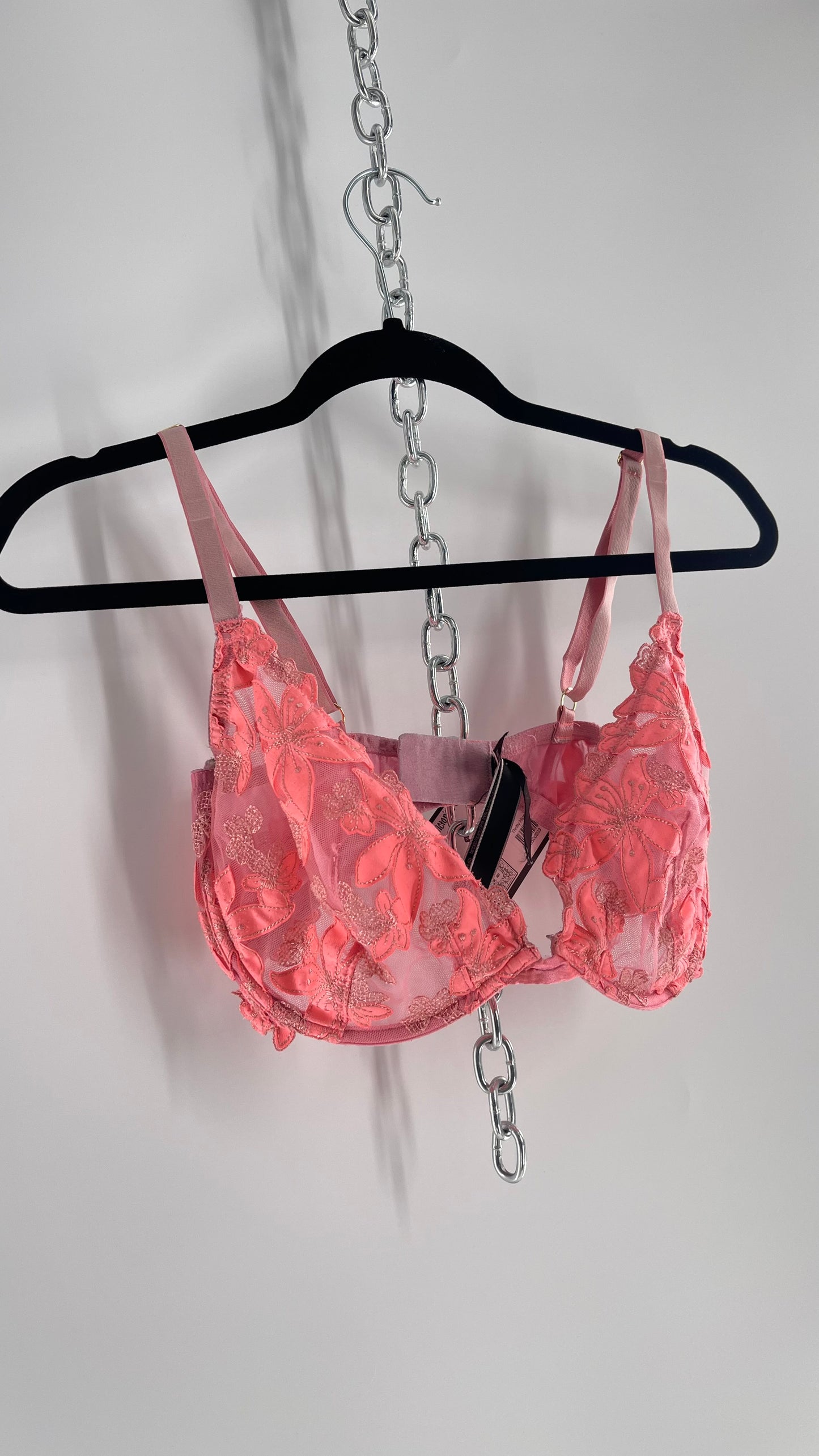 Vintage Victorias Secret Neon Pink Mesh Bra with Floral Appliqués (36DDD)