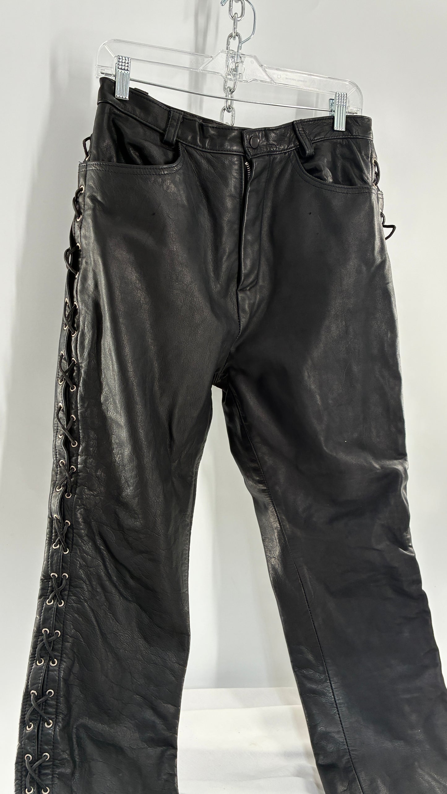 Vintage Thick Ultra Soft Black Leather Pants with Tie Up Sides (Medium)