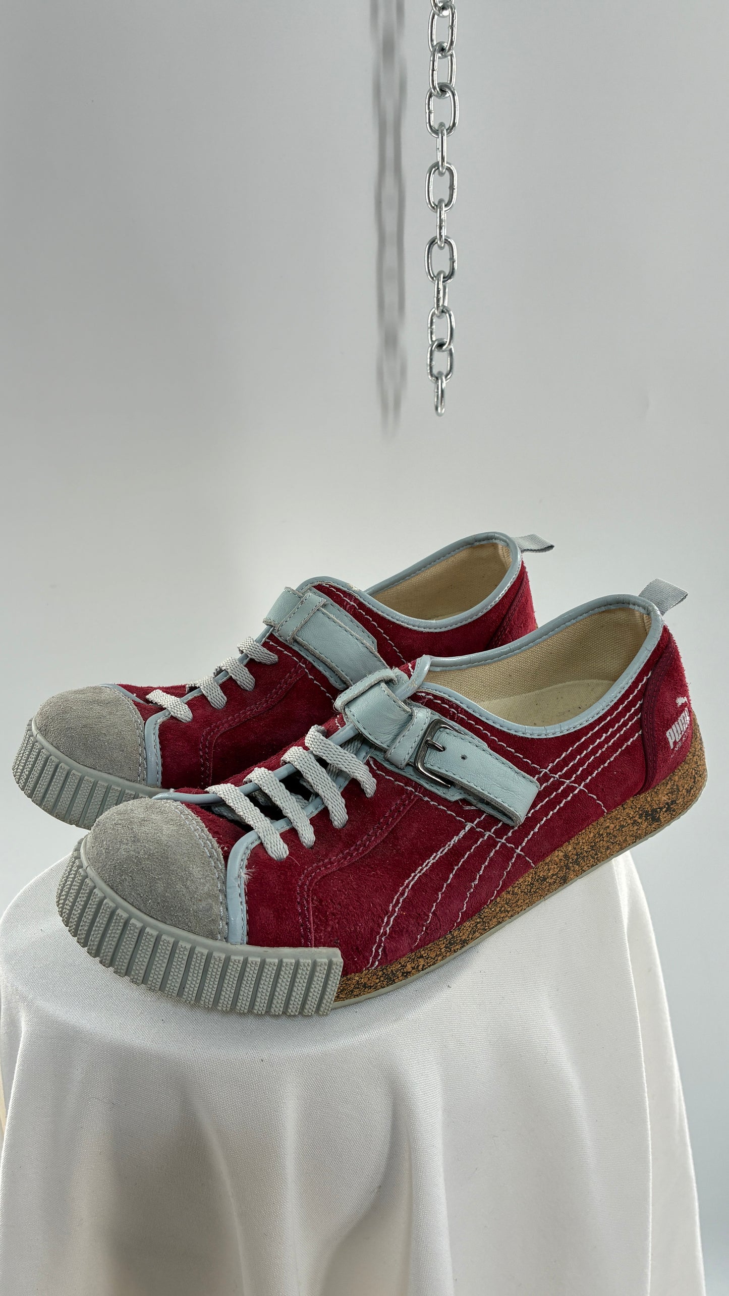 RARE 1/1 PUMA X Neil Barrett 2004 Maroon Red Suede Round Toe Sneaker with Powder Blue Stitching, Laces, and Velcro Buckle (11)
