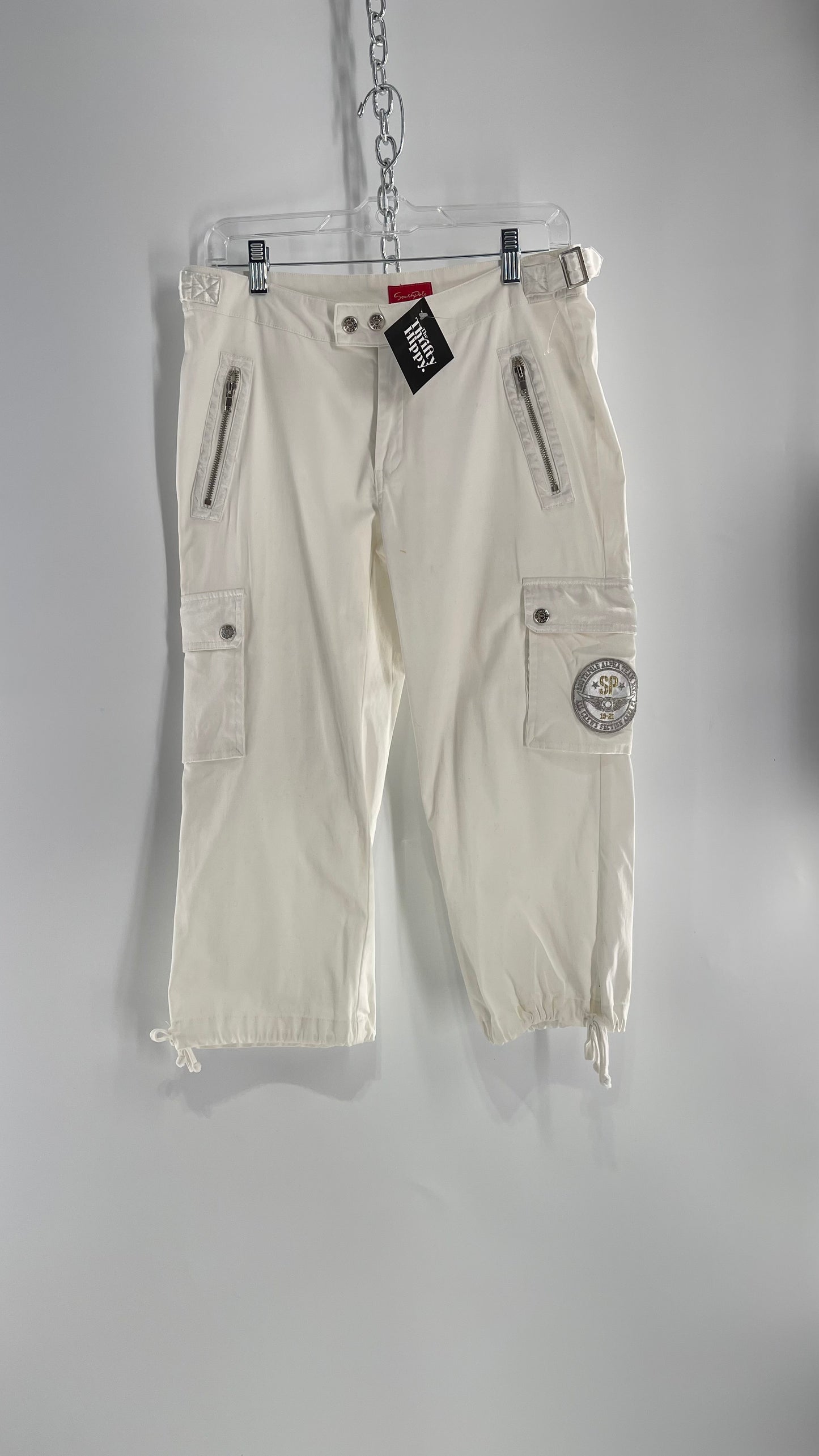 Vintage 1990s South Pole White Capri with Zippers, Silver Hardware, Satin Detailing and Patches (9)