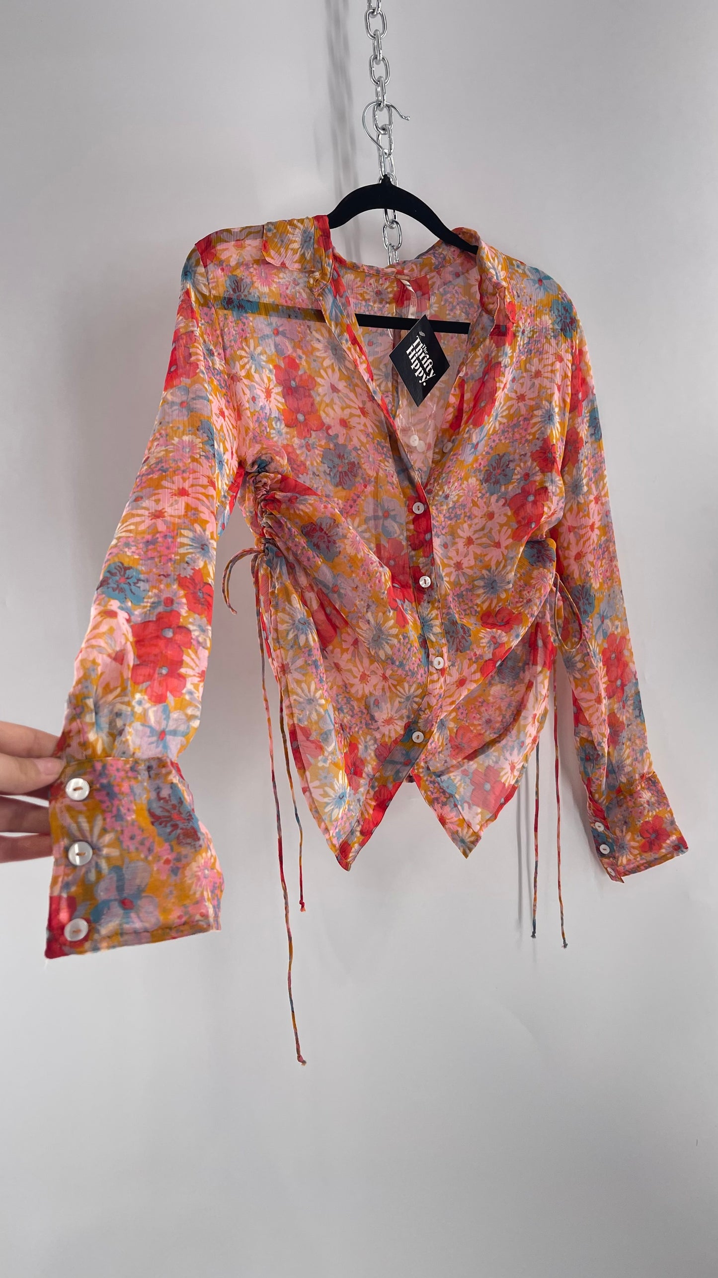 Free People Sheer Orange Floral Button Up with Ruched Sides (XS)