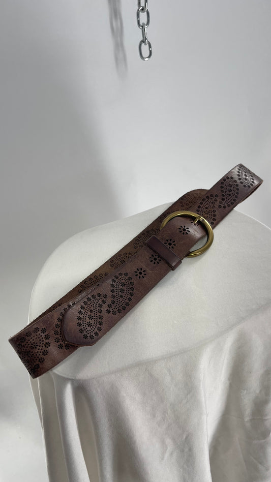 Vintage Lucky Brand Brown Leather Perforated Paisley Belt (Medium)