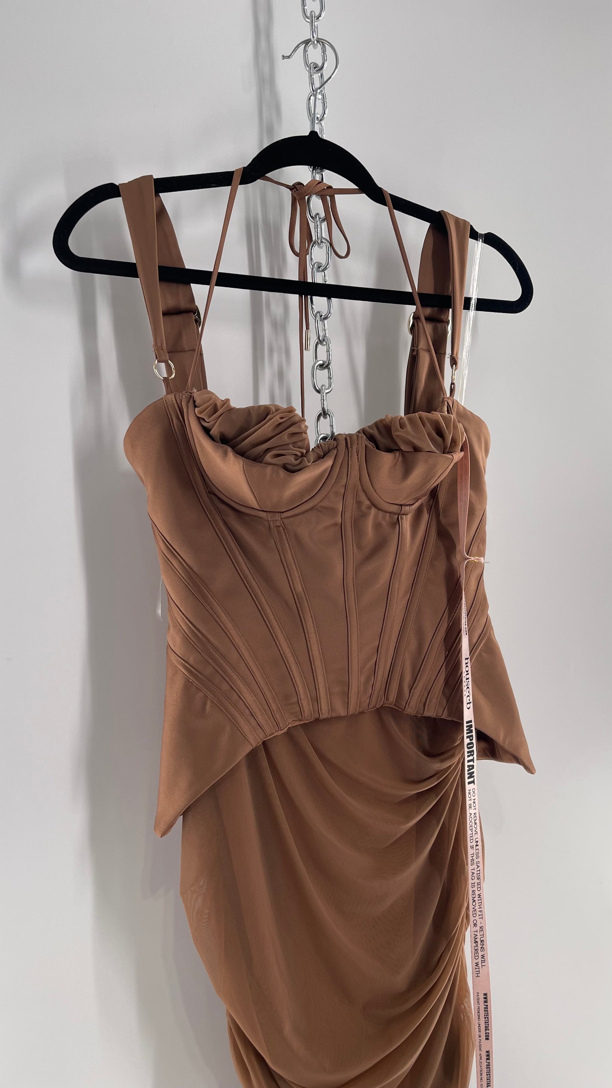 House of CB Talya Toffee Satin Corset Midi Dress with Ruched Skirt (Me The Thrifty Hippy House of CB Talya Toffee Satin Corset Midi Dress with Ruched Skirt (Me The Thrifty Hippy