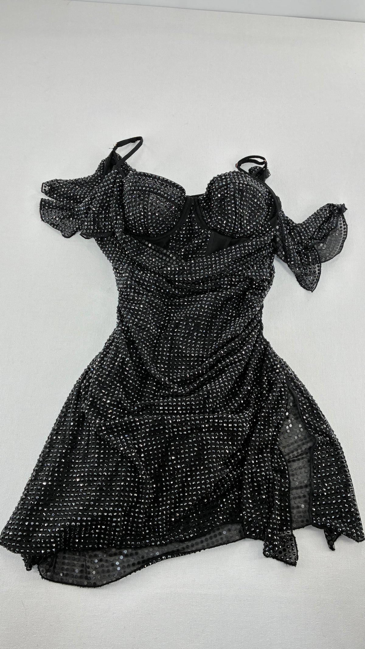 OH POLLY Rhinestone Corseted Mini Dress with Draped Bust, Side Slit Detail (6)