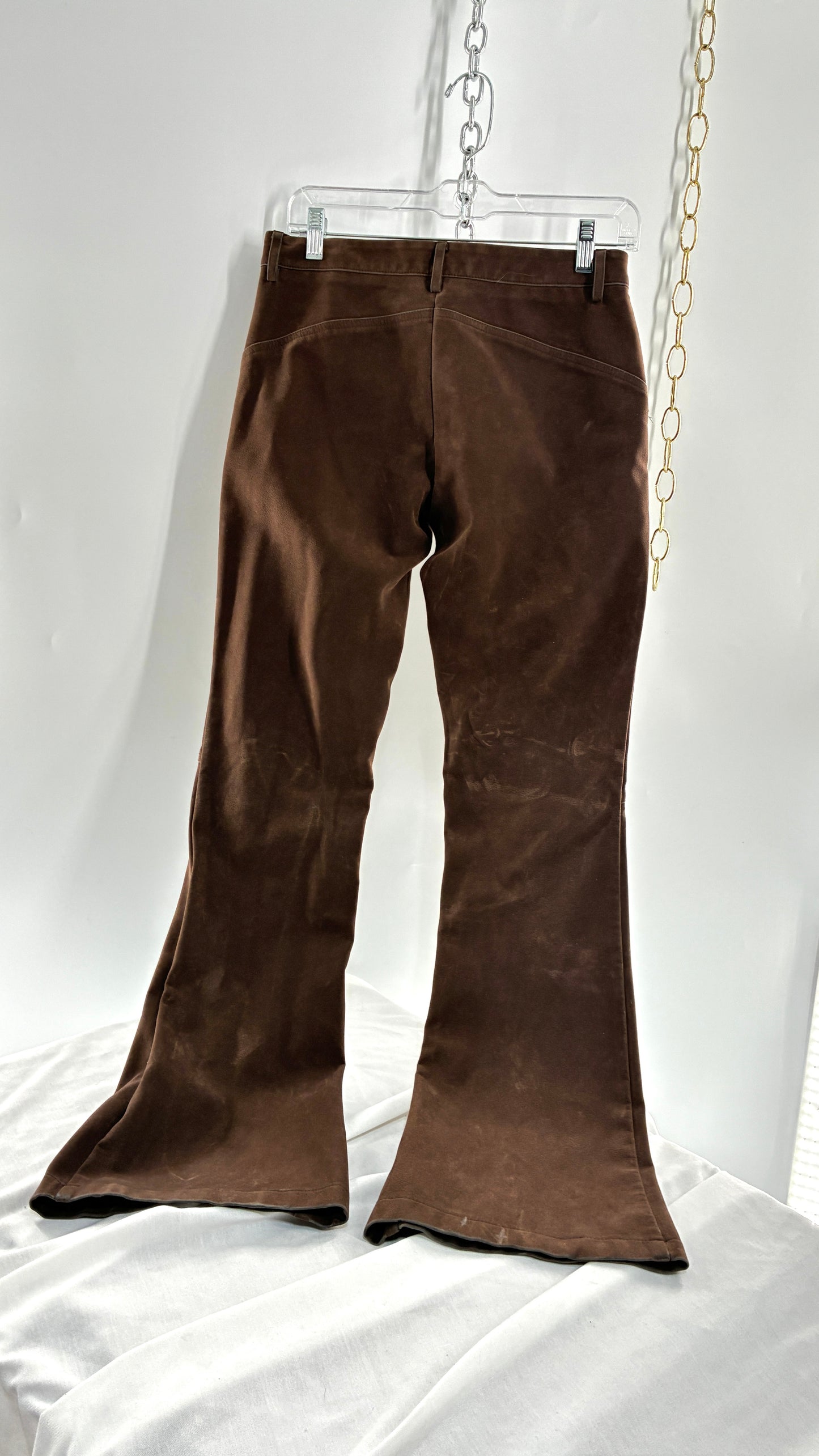 Vintage ECOTE Vegan Leather Velour Brown Lace Up Closure, Low Rise, Boot Leg Pants (Small)