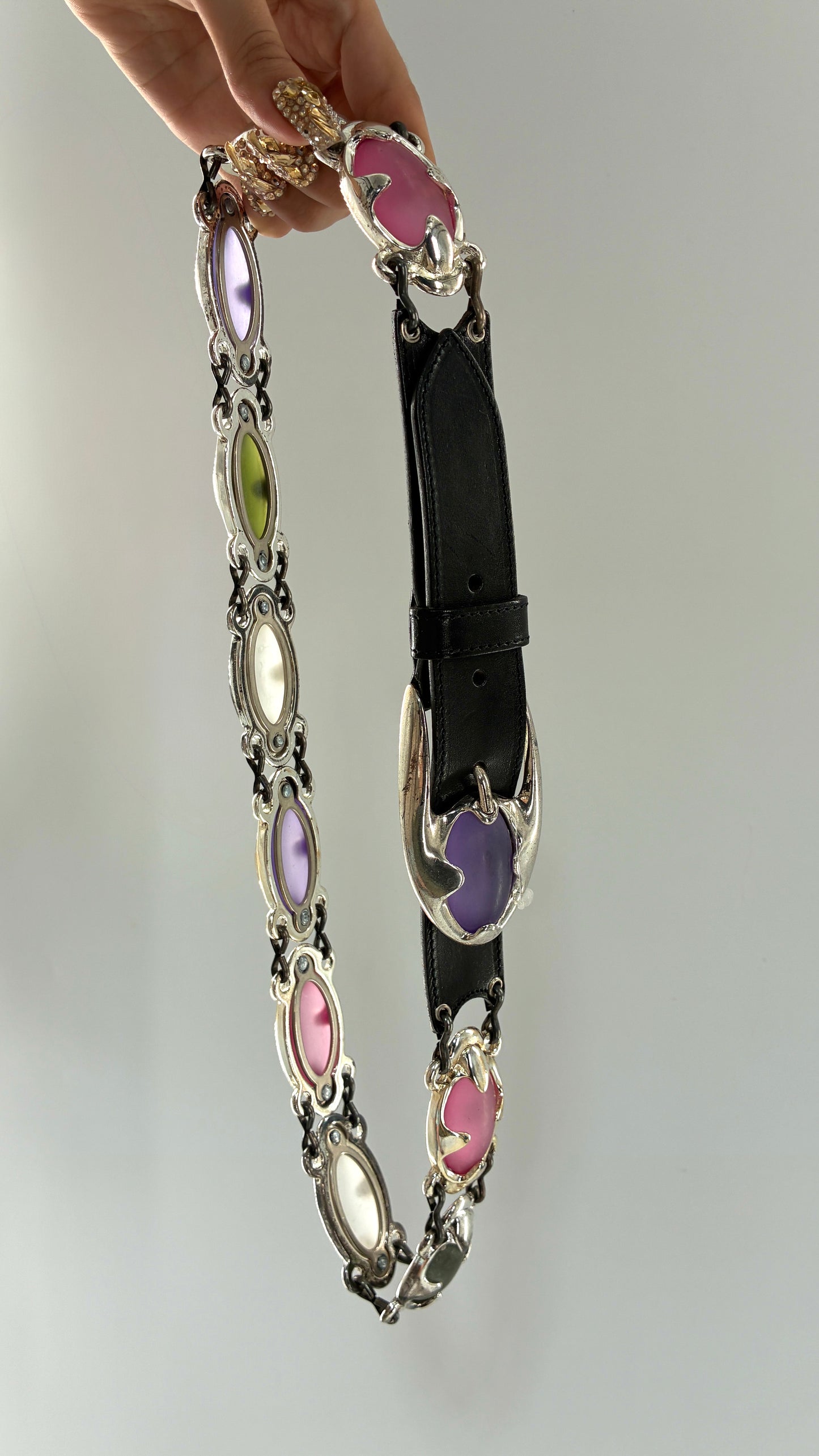 Vintage NEIMAN MARCUS Linea Pelle  Silver Metal Belt with Oversized, Sautered Gemstone Details Made in Italy (Medium)