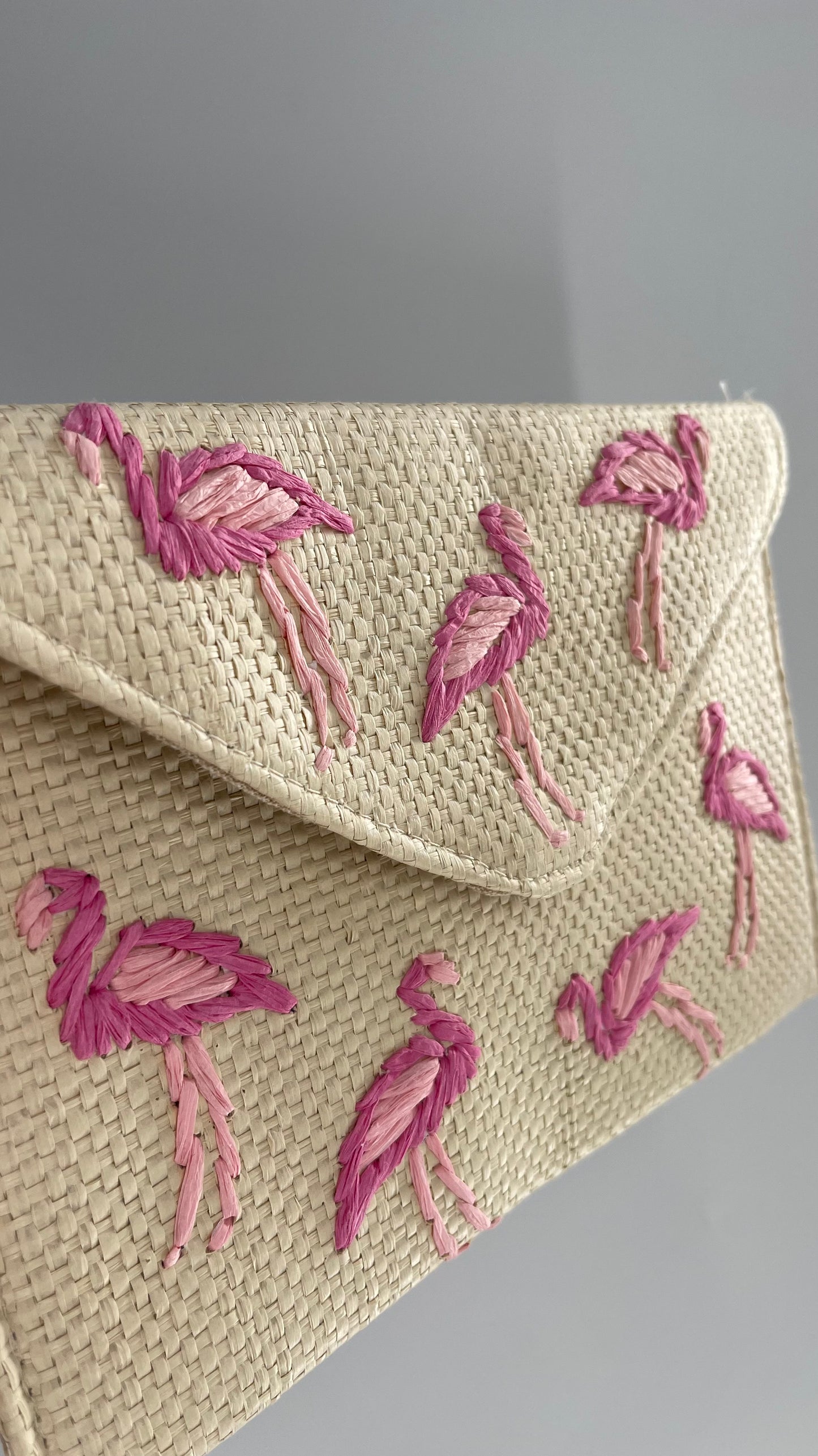 Anthropologie Straw Oversized Clutch with Embroidered Flamingos