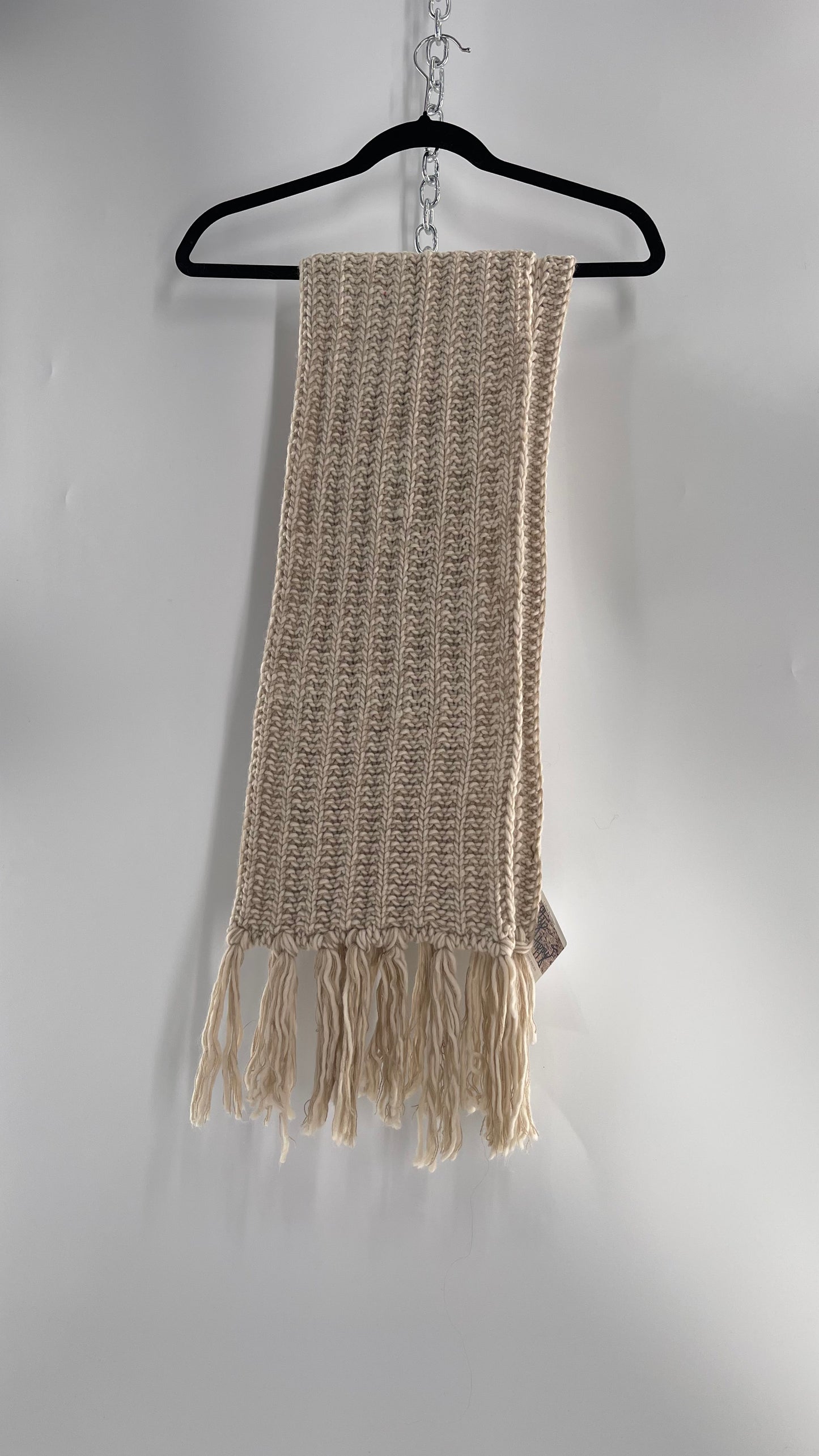 Beige Knit Skinny Scarf Ultra Long with Tassels