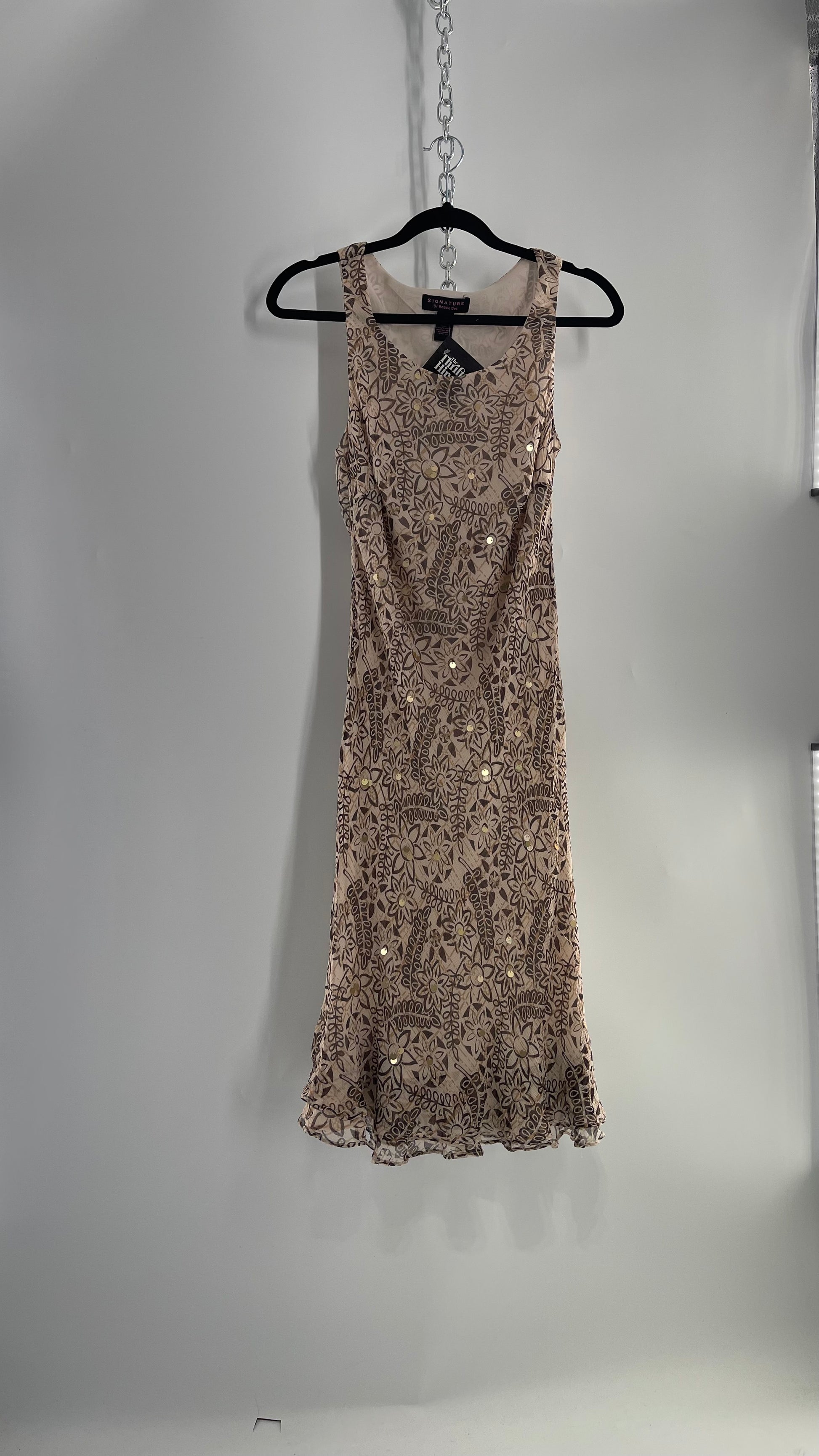 robbie bee dresses vintage Vintage SIGNATURE by Robbie Bee Brown Floral 100% Silk Beaded and Sequin Midi Dress (12)