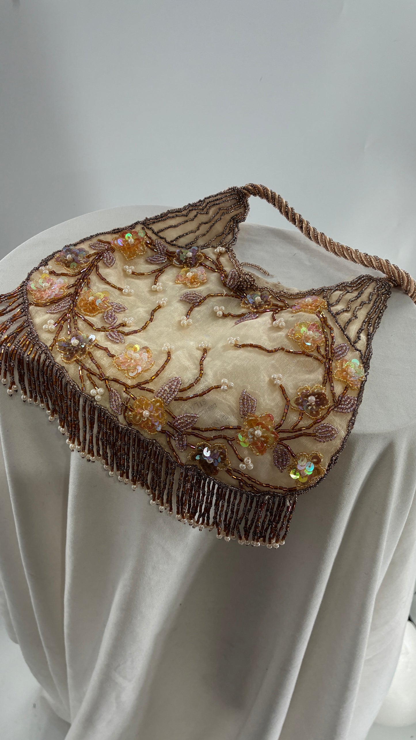Vintage Deadstock Beige Beaded Fringe Purse with Embroidered Beaded Florals