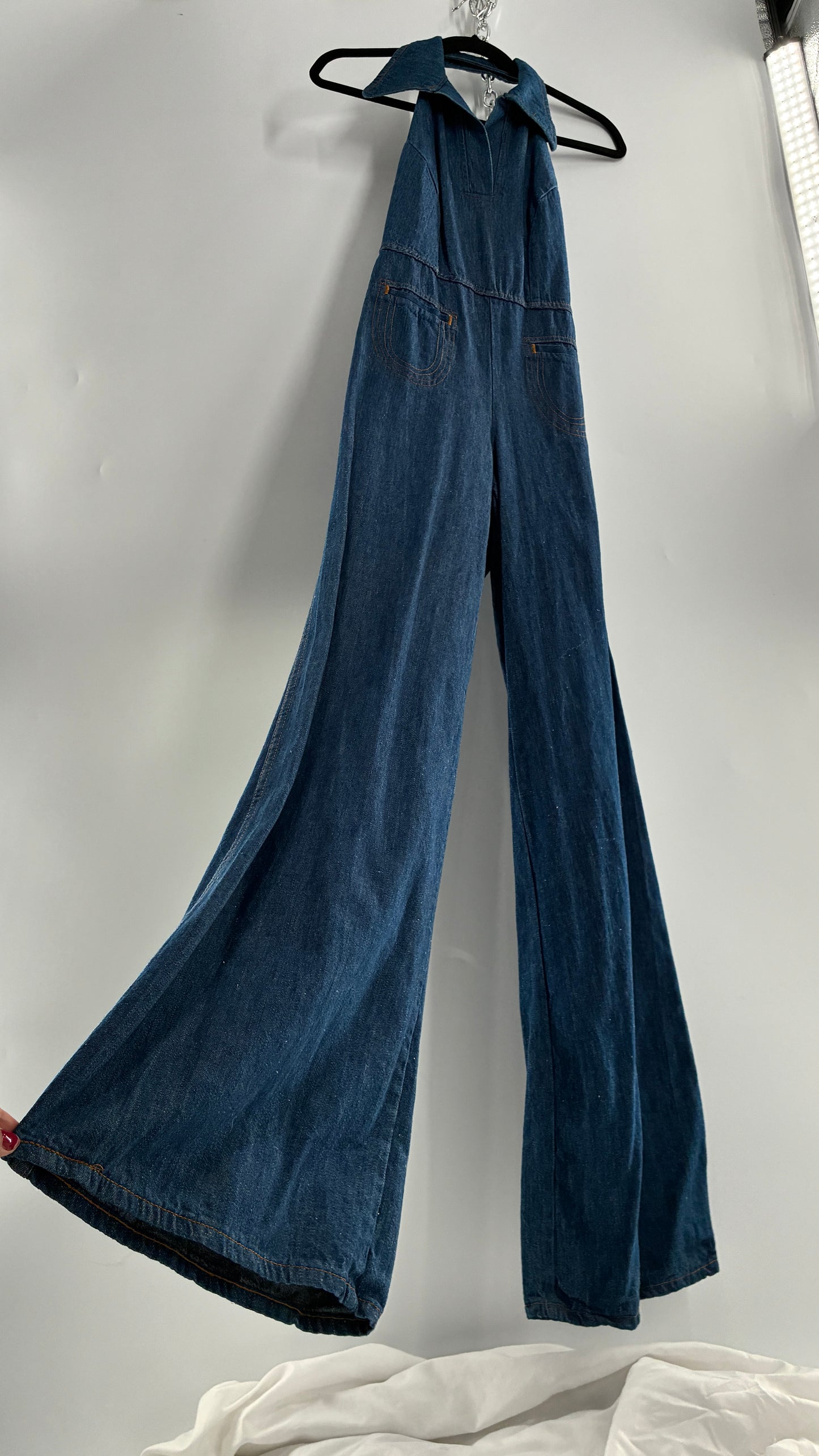 RARE Vintage 1970s Landlubber Medium Wash Denim, Sleeveless Halter, Wide Leg Bell Bottom, Jumpsuit (No Size on Tag, XS)