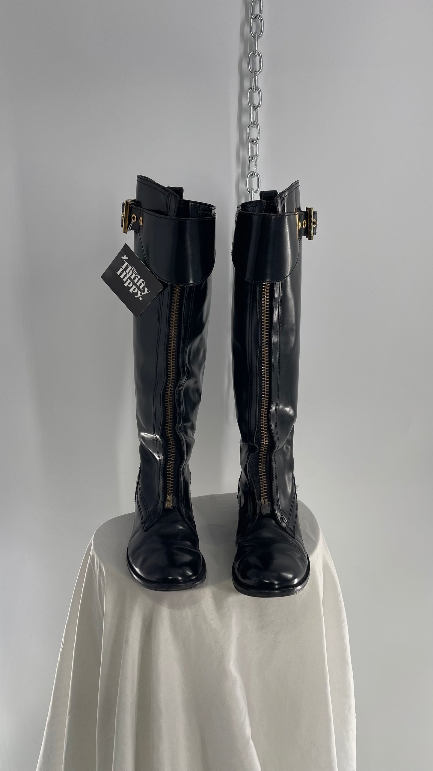 Vintage Tory Burch Patent Leather Bronze Zipper Front Riding Boots (8)