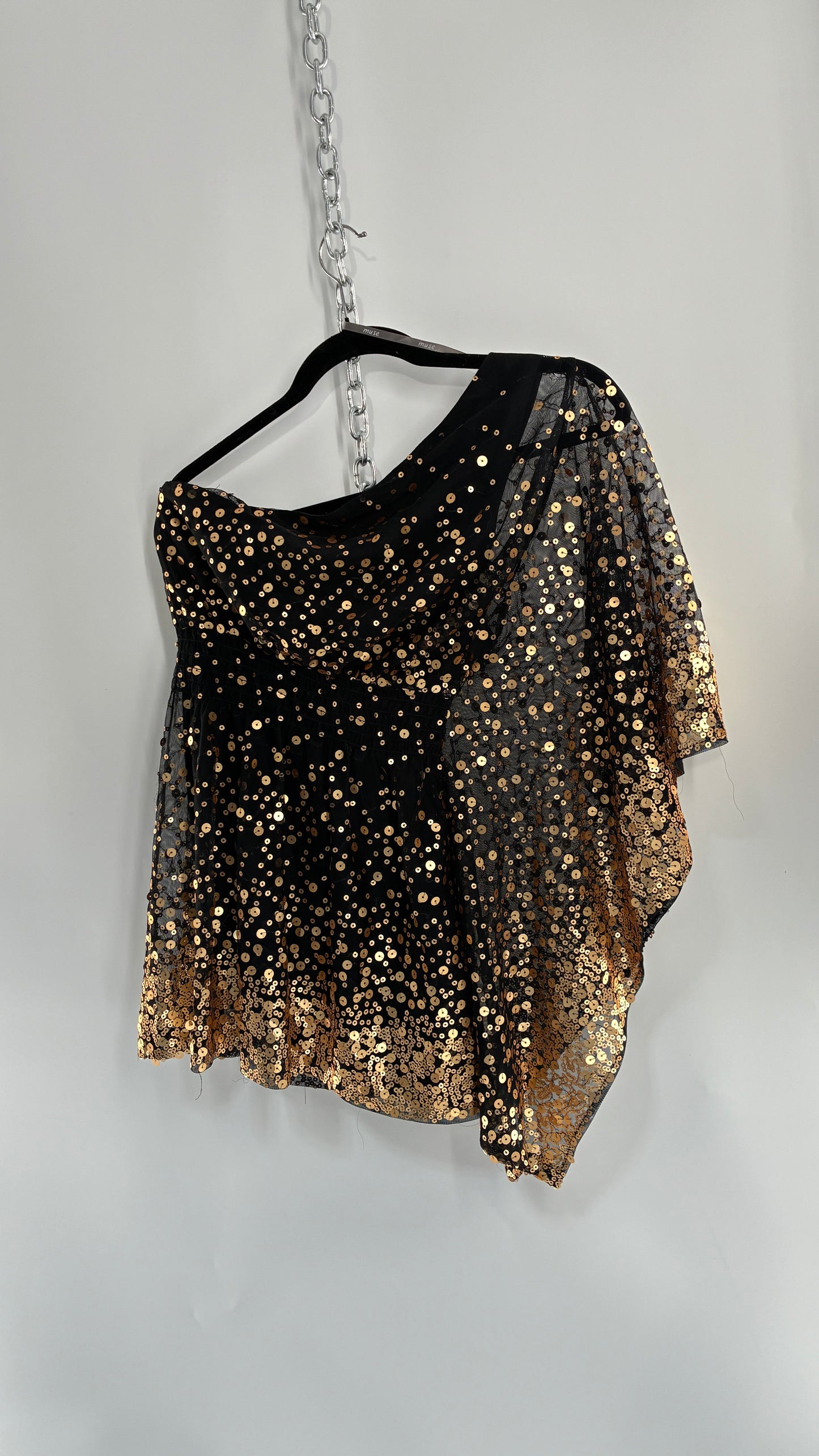 Vintage MUSE BOSTON PROPER Black One Shoulder Tube Dress with Ombre Gold Sequins (Medium)