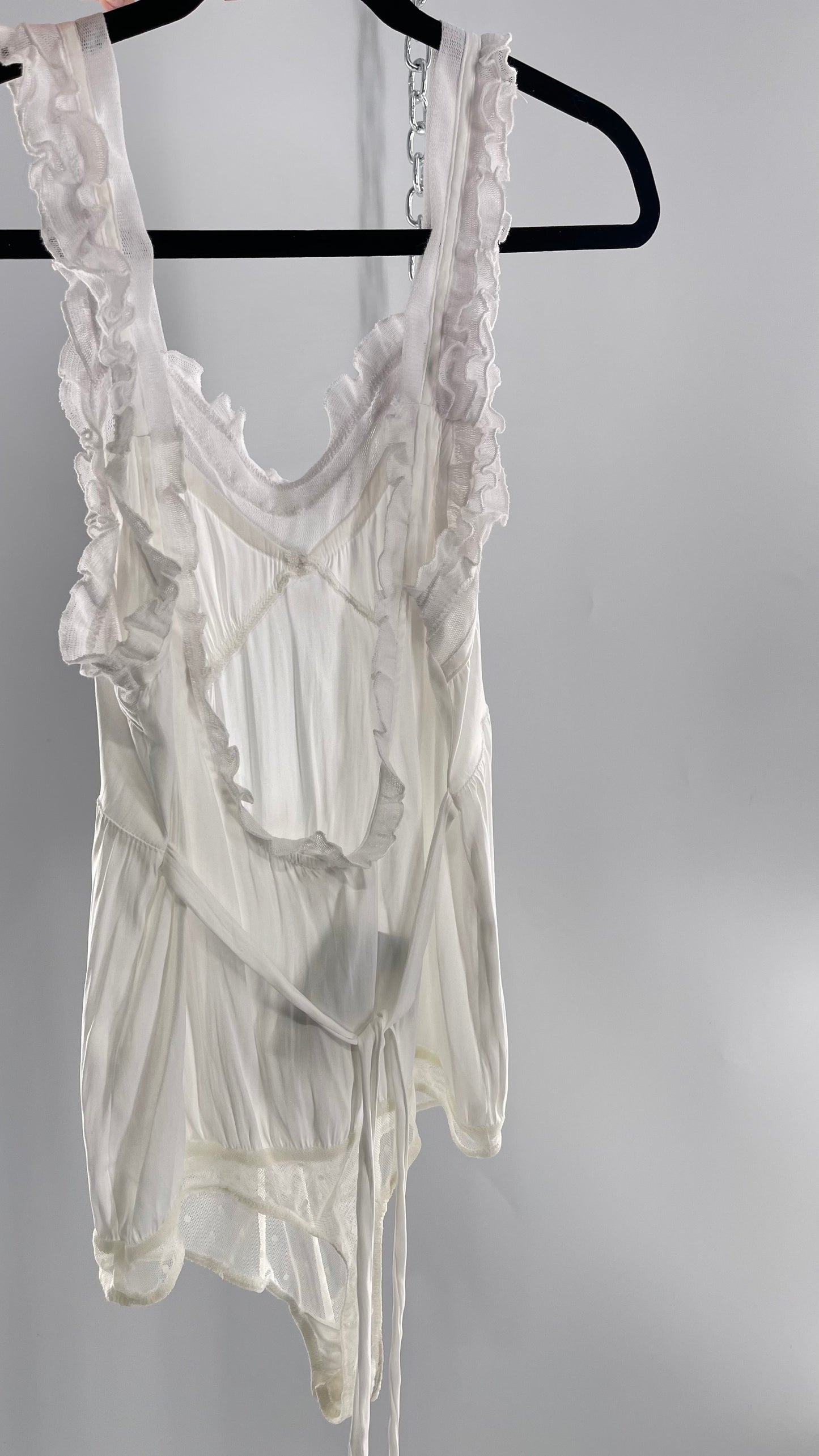 Free People White Silky Soft Bodysuit with Ruffled Bust-line and Straps (M)