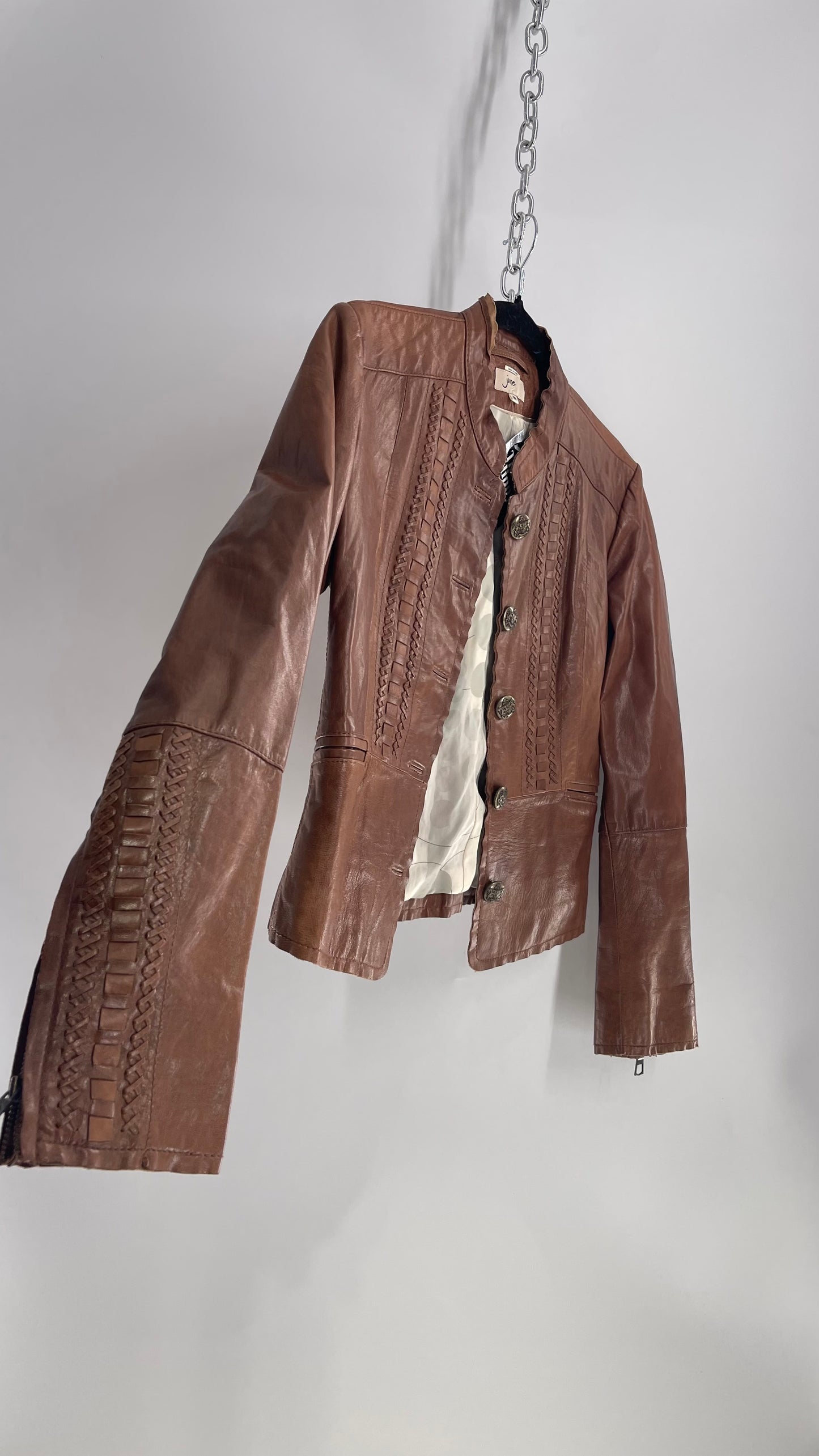 Vintage 1990s June Brown Leather Jacket with Braided Details and Zippered Cuffs (Medium)