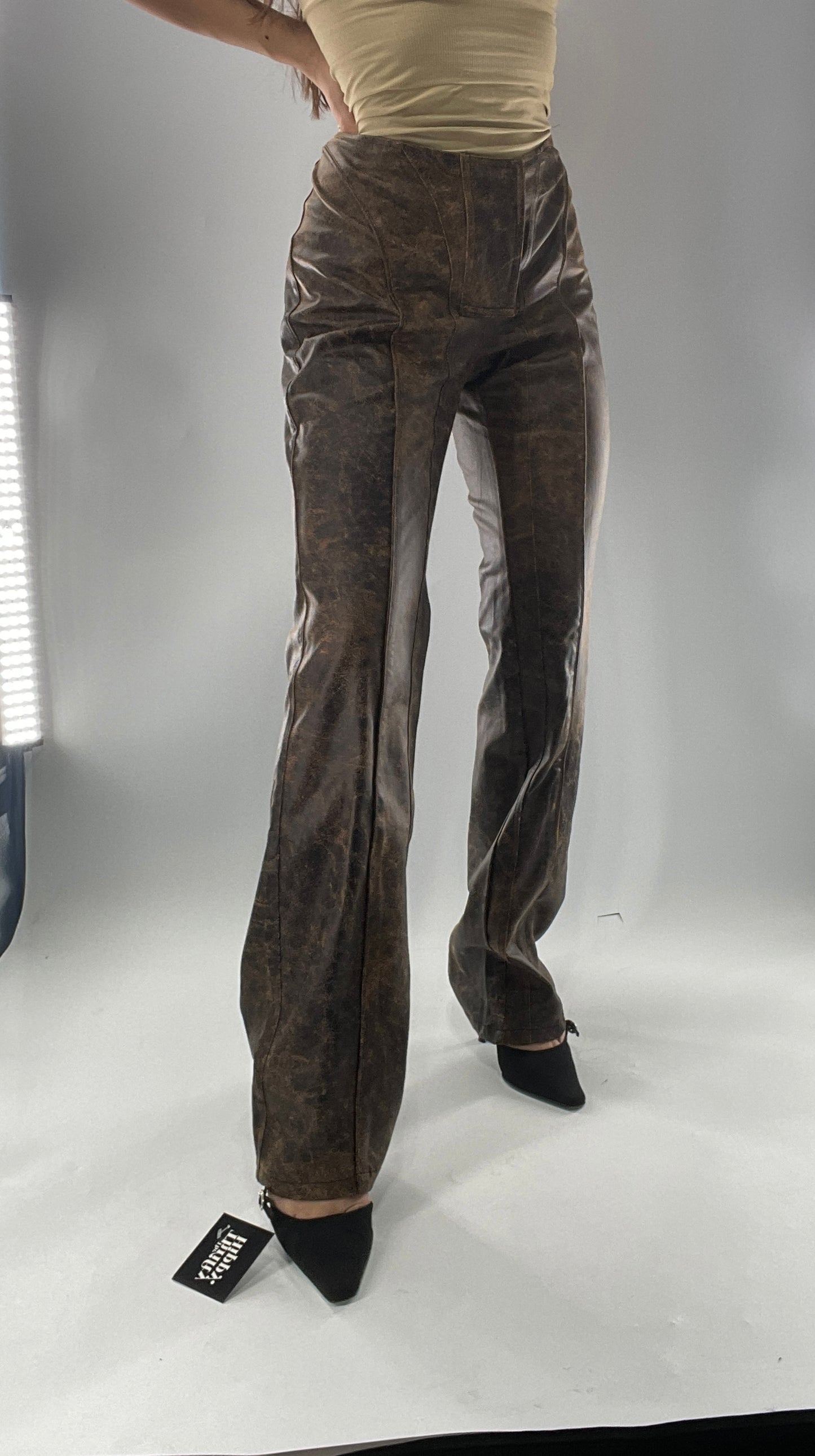 Vegan Brown Leather Kick Flares with Panel Details (Large)