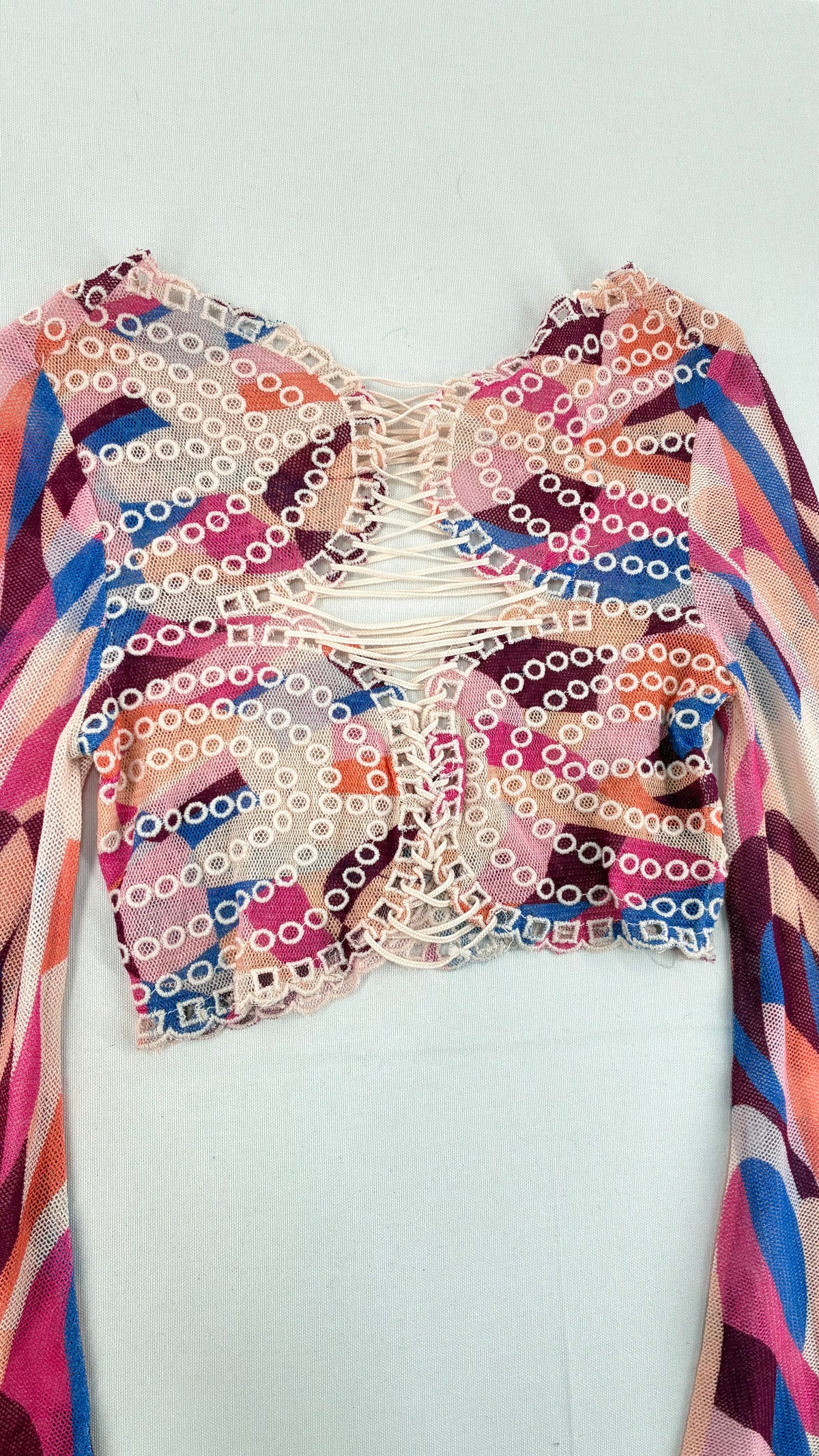 Free People Eyes On You Bell Sleeve Crop Top with Lace Up Cut Out Details and Eyelet Lace (XS)