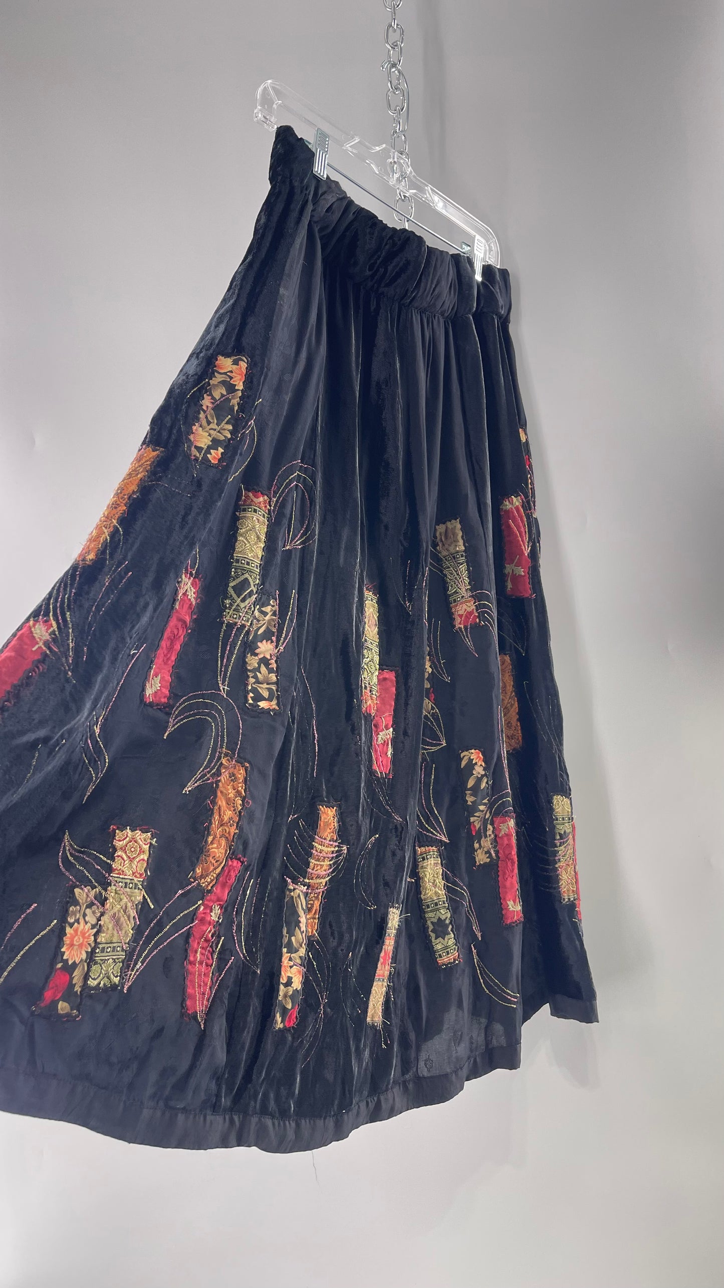 Vintage Black Velvet and Embossed Florals Patchwork Skirt with Metallic Stitch Detailing with Lining and Thick Waistline (M)