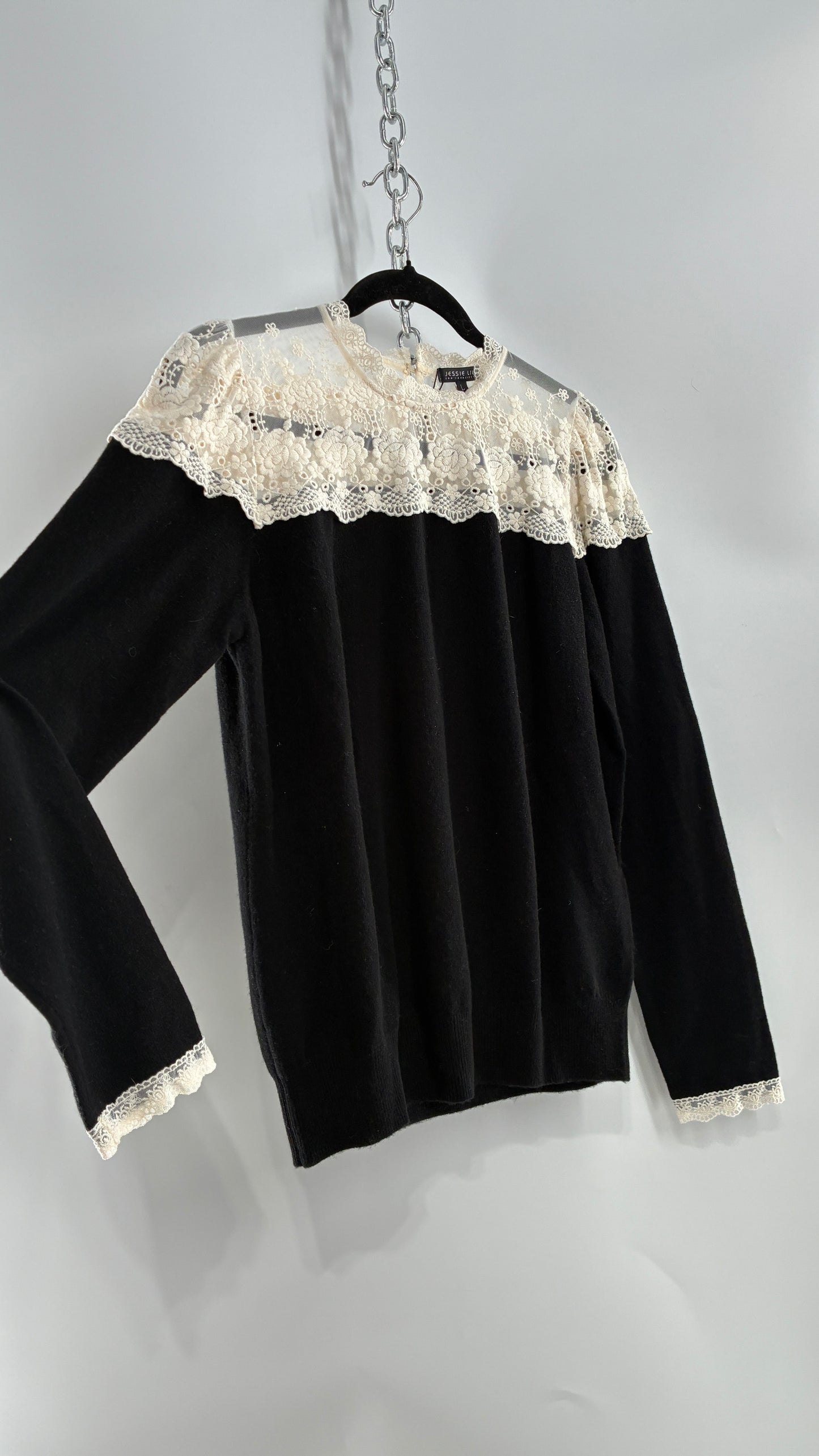 JESSIE LIU Amari Black 100% Merino Wool Sweater with Ivory Lace Neckline and Cuffs (Large)