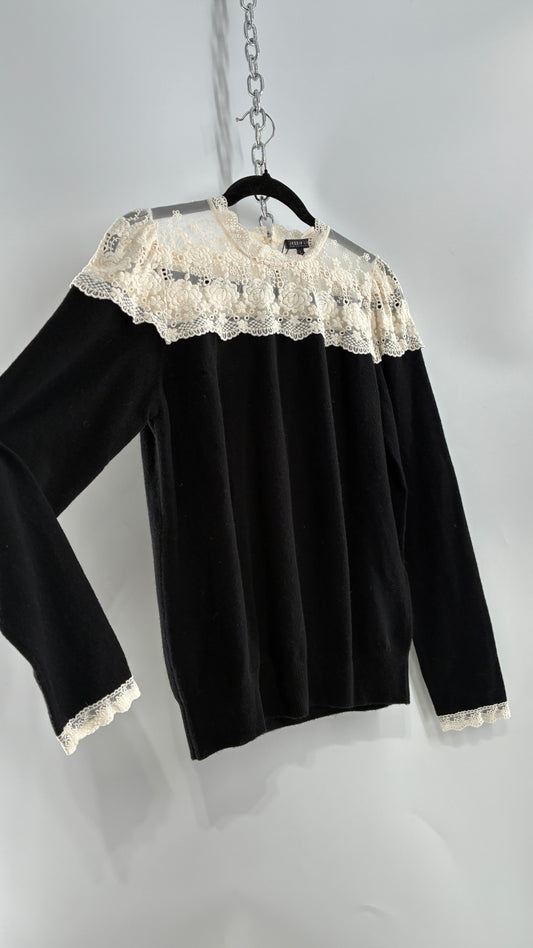 JESSIE LIU Amari Black 100% Merino Wool Sweater with Ivory Lace Neckline and Cuffs (Large)