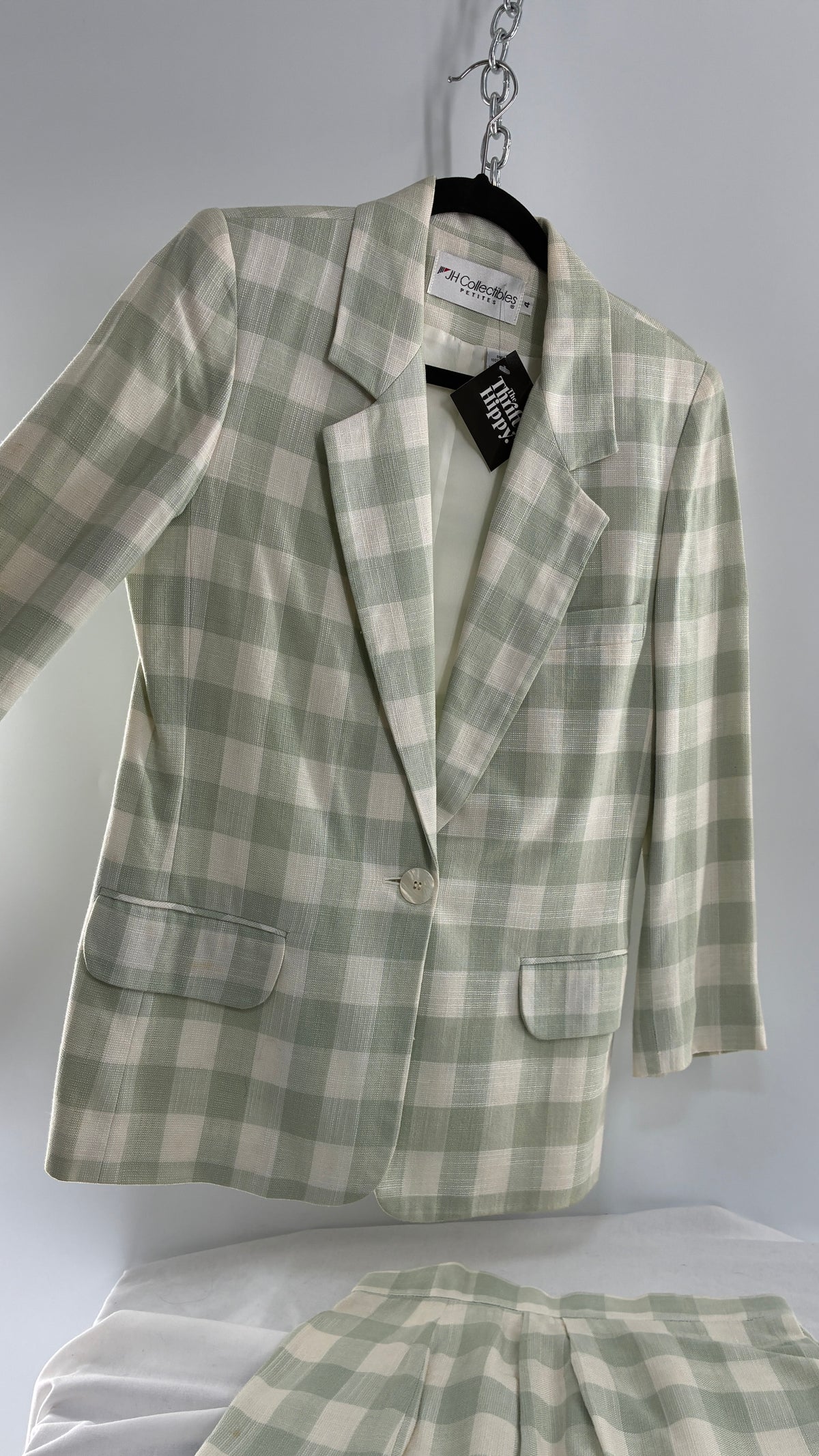 Vintage JH COLLECTIBLES 100% Rayon, Sage Gingham Suit Set (6 Skirt, 4 Blazer)