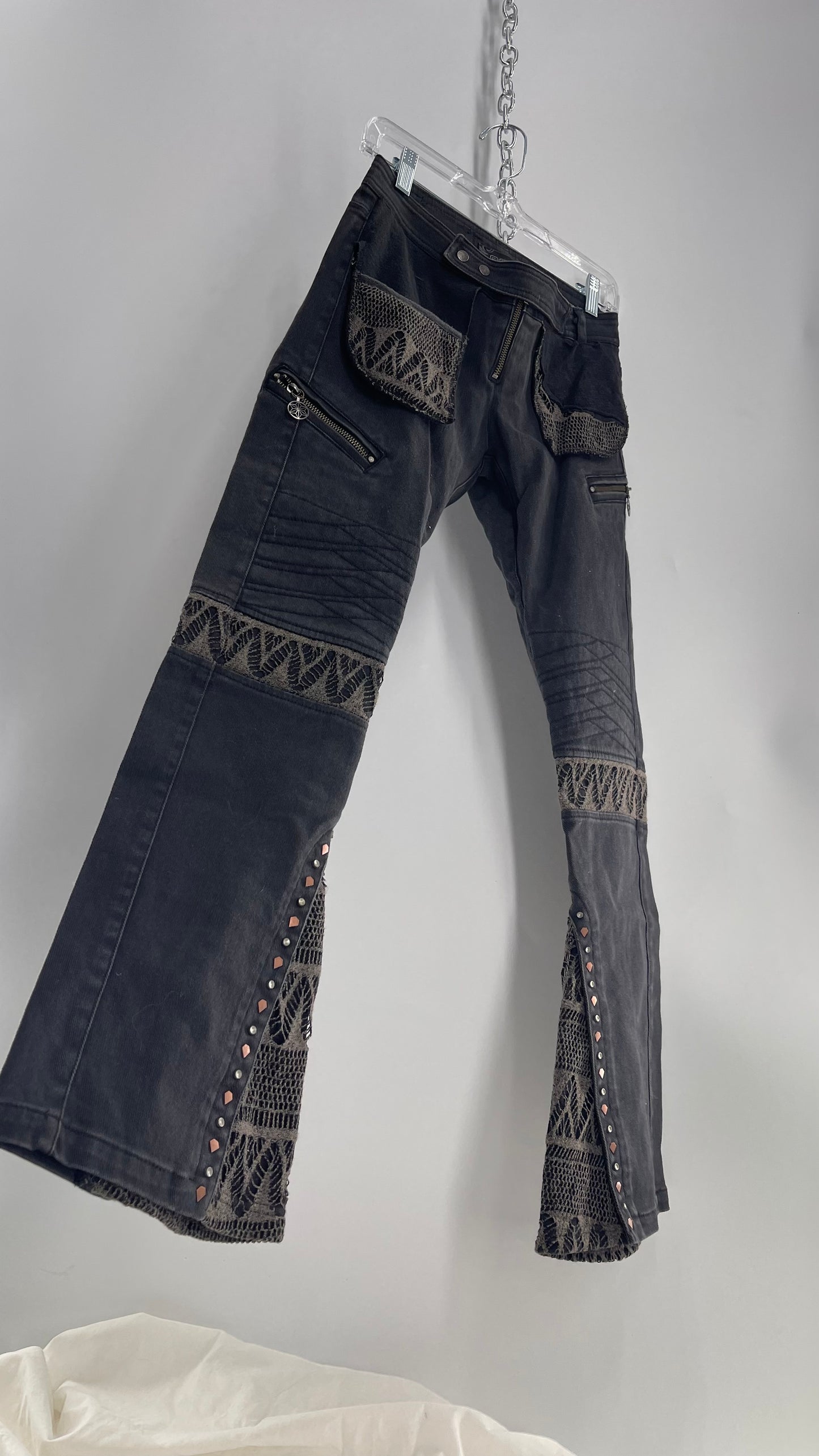 Vintage Rare PSYLO 1990s Low Rise Kick Flare Jeans with Studs, Lace and Hardware (38)