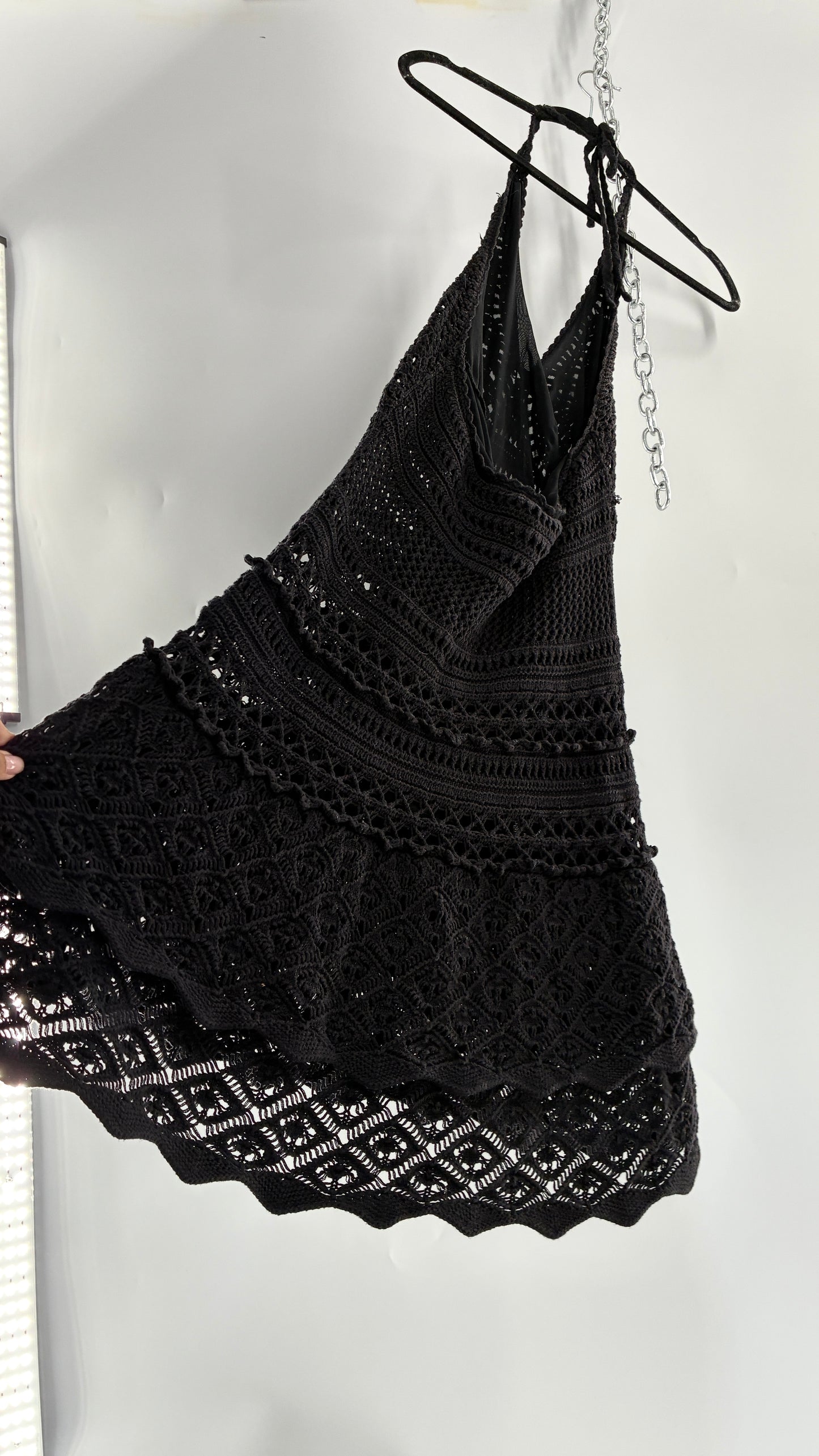 Vintage MODA INTERNATIONAL Black 100% Cotton Crochet Mini Halter Dress with Ruffled Skirt (Medium)
