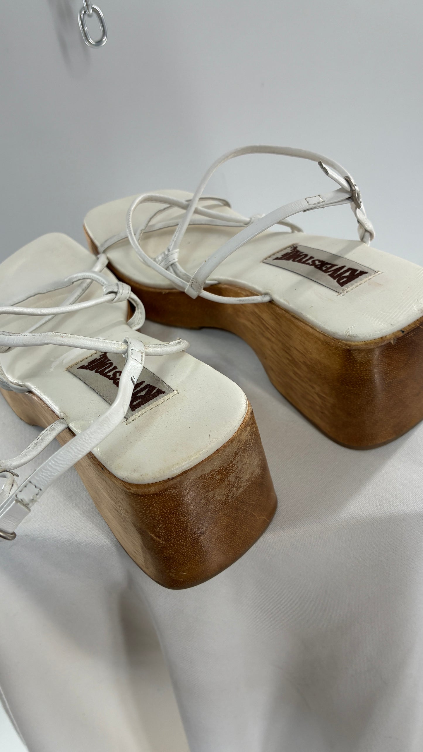Vintage 1990s RIVERSTONE Wooden Platform Square Toe, Strappy Sandal Made in Brazil (8)