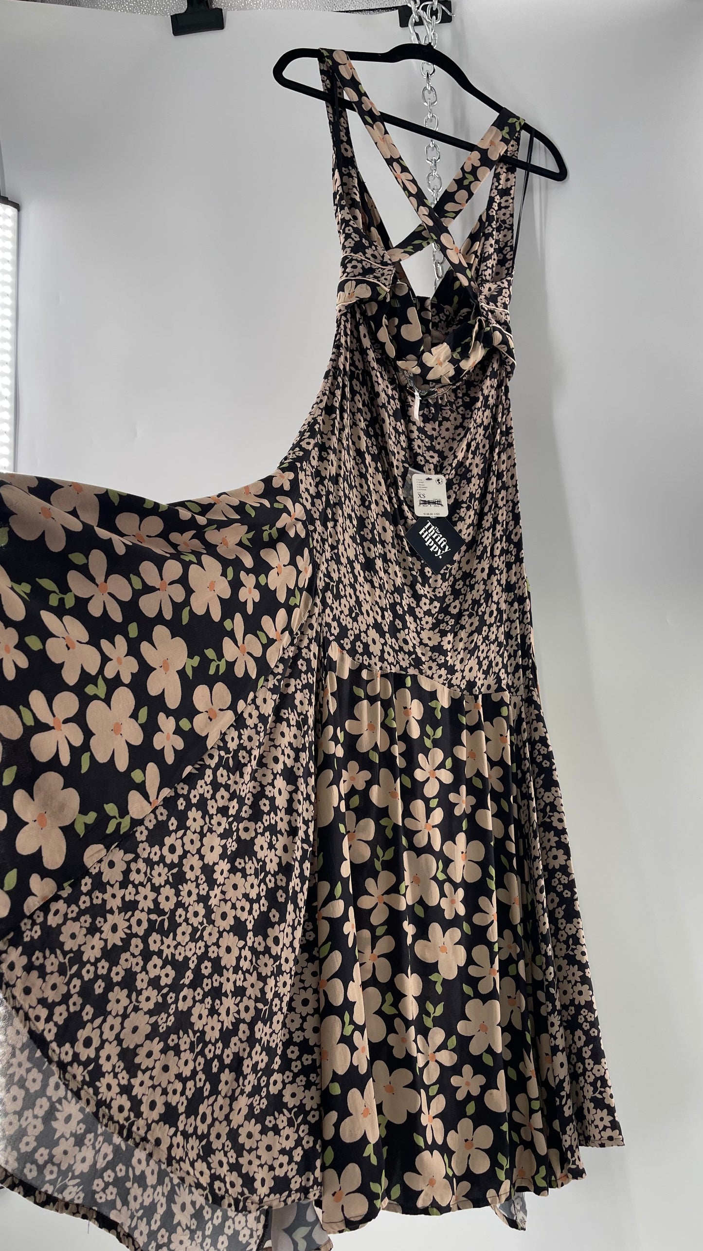 Free People Daisy Mixed Pattern Black/Beige Button Front  Full Length Dress (XS)