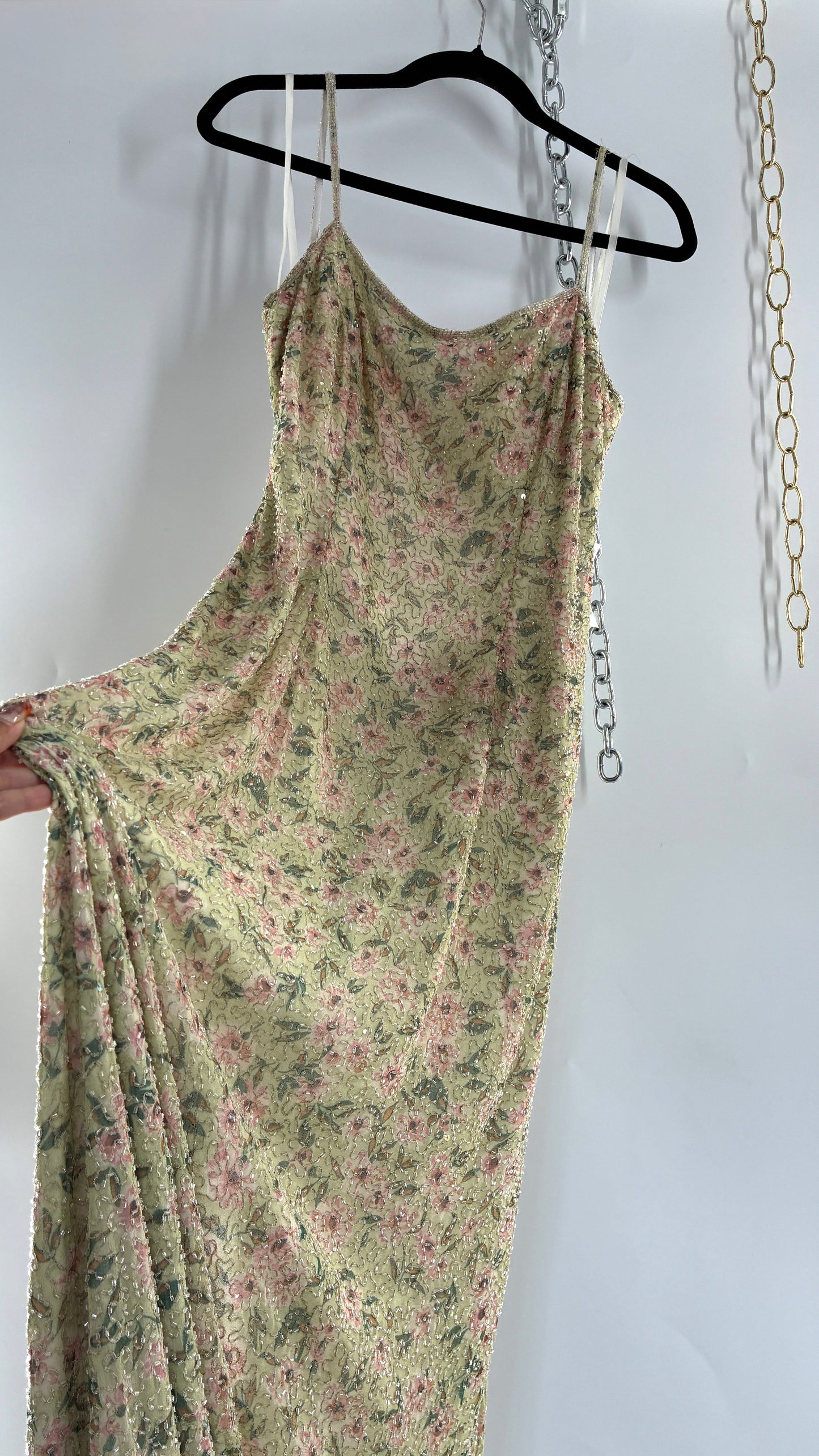 Deadstock Vintage Sage Green Beaded Floral Gown with Open Back, Built in Bust Padding, and Tags Attached (XL)