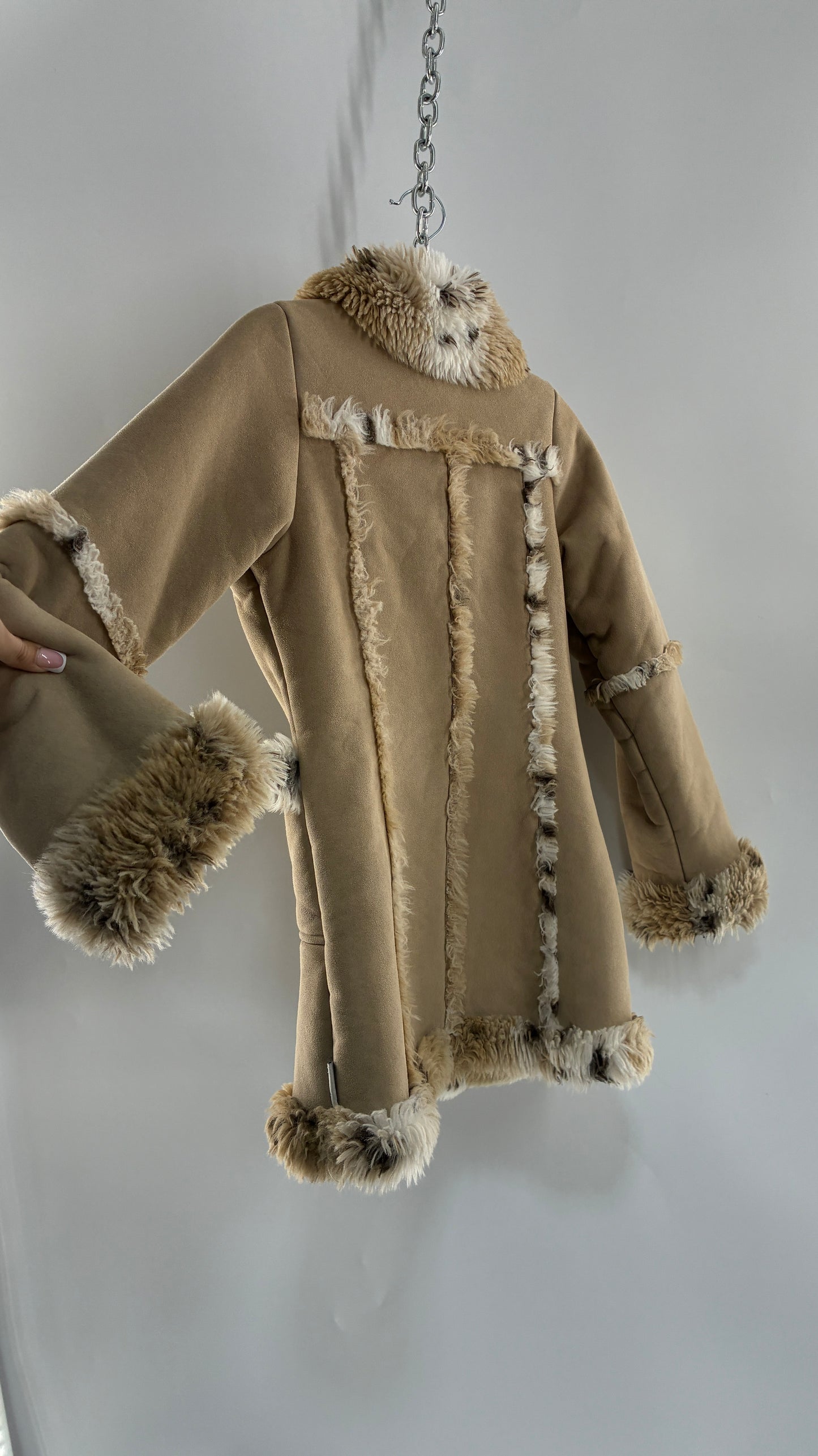 LONDON FOG (10/12) Vegan Suede Coat with Leopard Patterned Piping, Trim and Collar