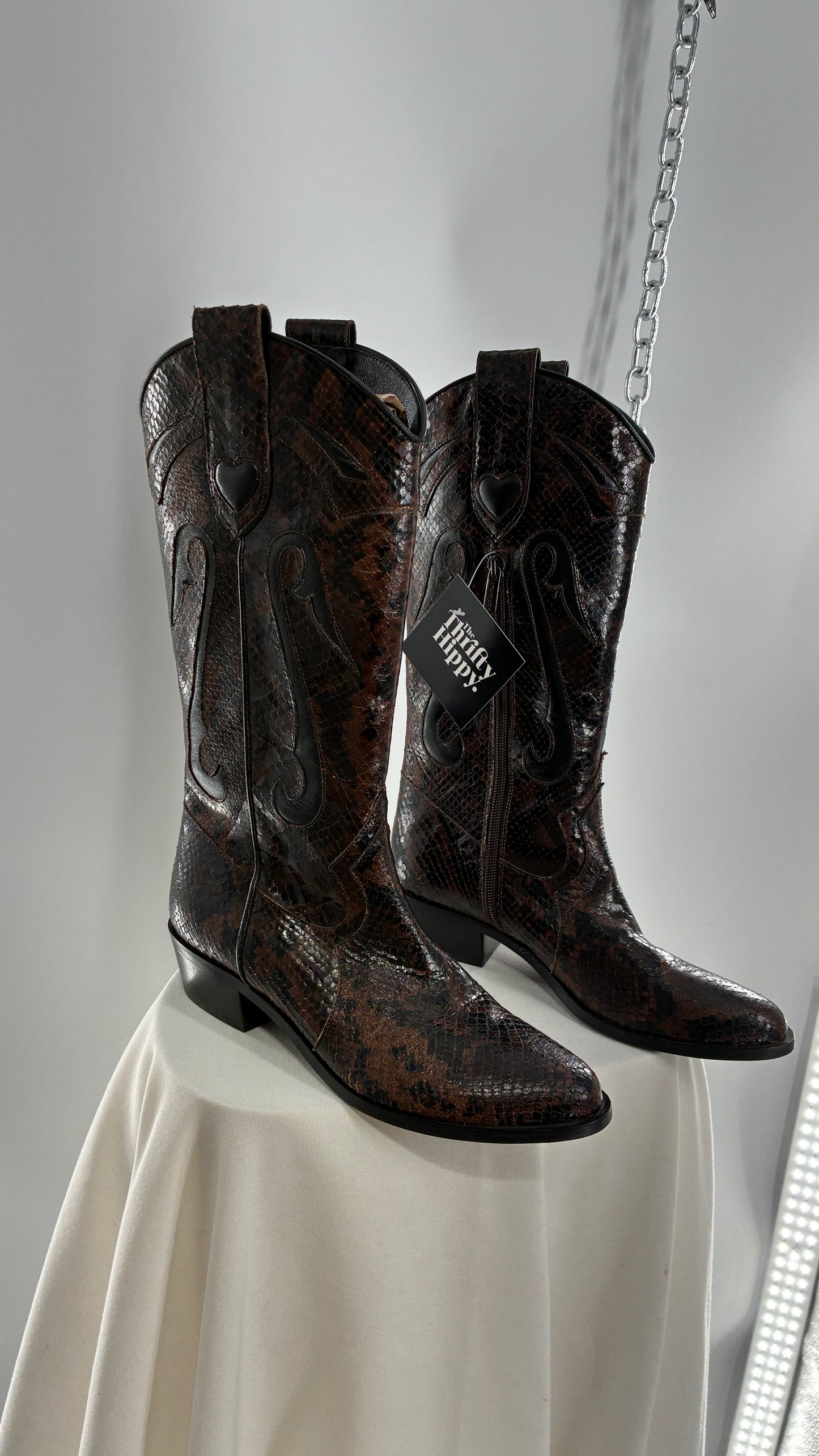 Vintage LABLANC Snakeskin Cowboy Boots with Hearts Made in Italy (36)