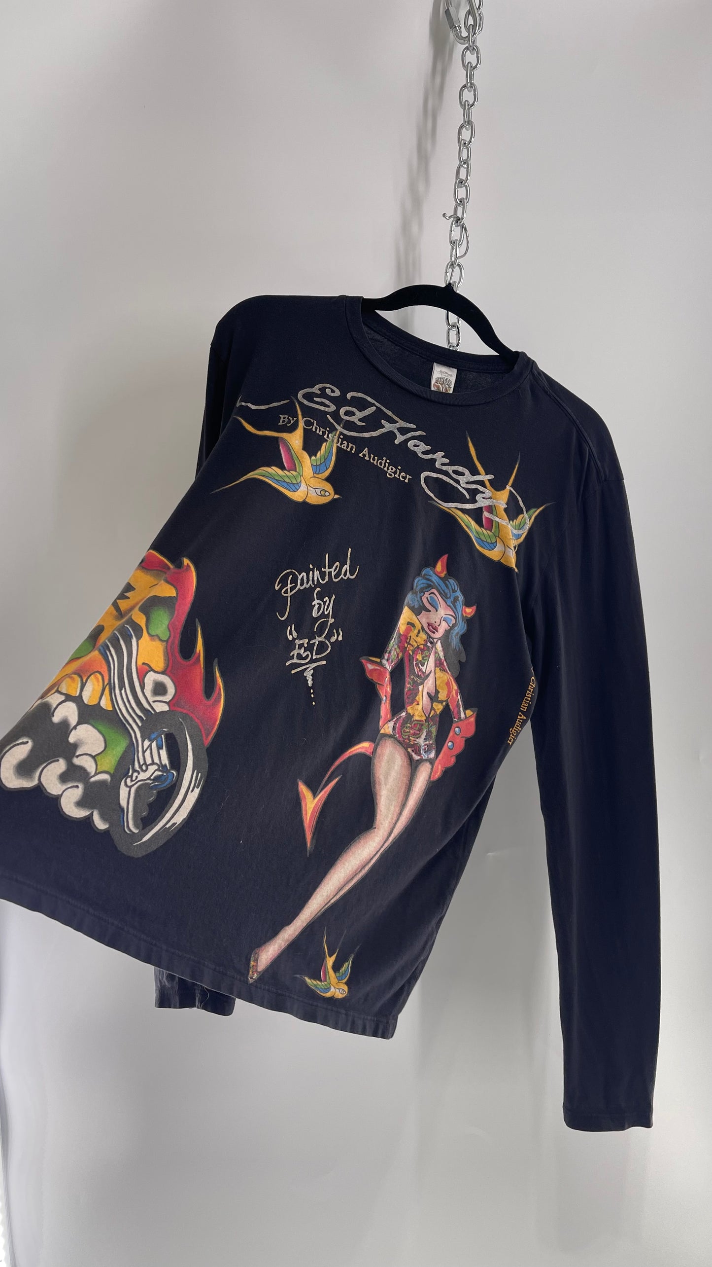 Rare Vintage Ed Hardy Pin Up Style Graphic Long Sleeve (Large)