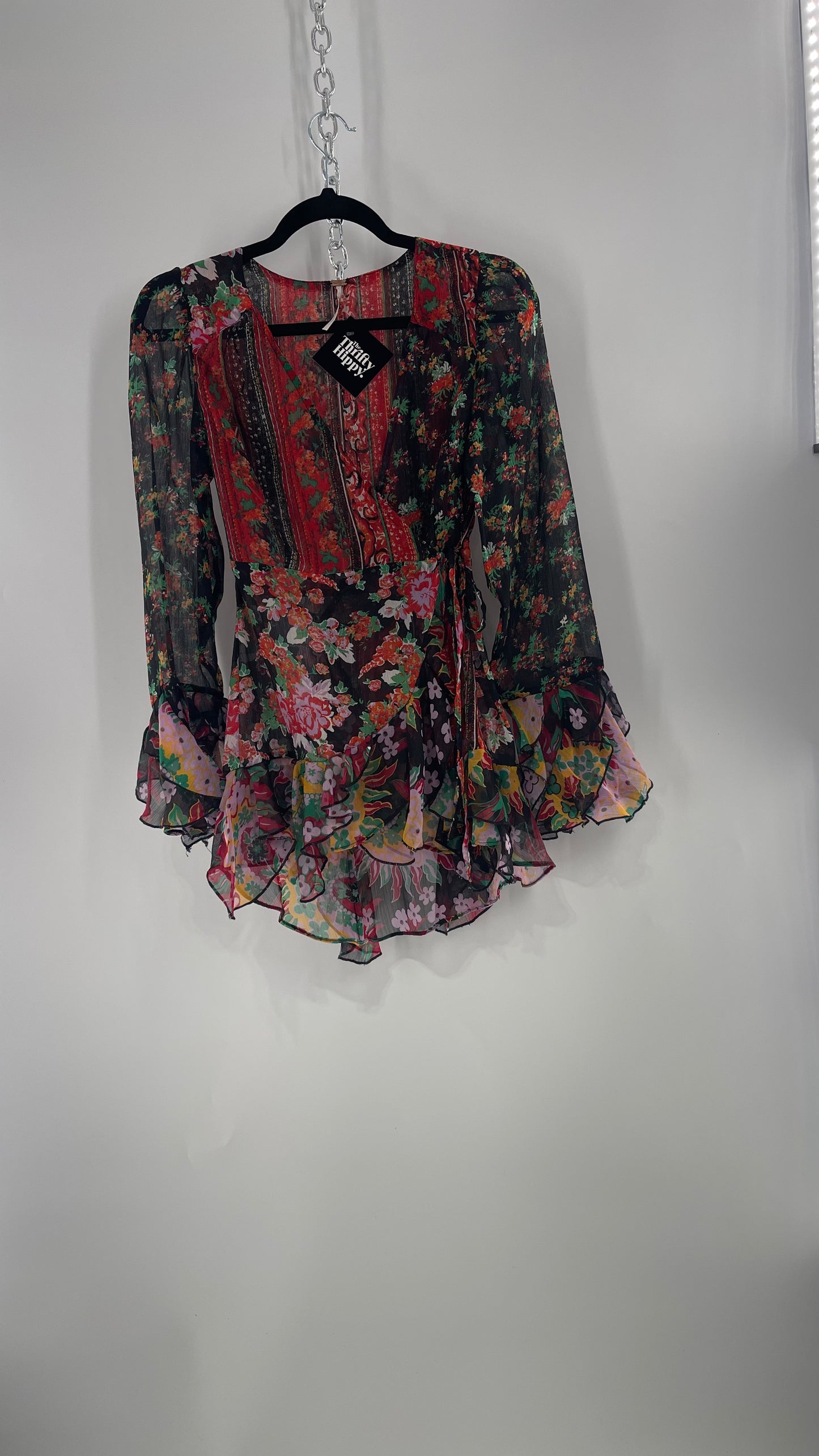 Free People Black Colorful Floral Tie Front Blouse with Ruffled Sleeves and Hem(XS)