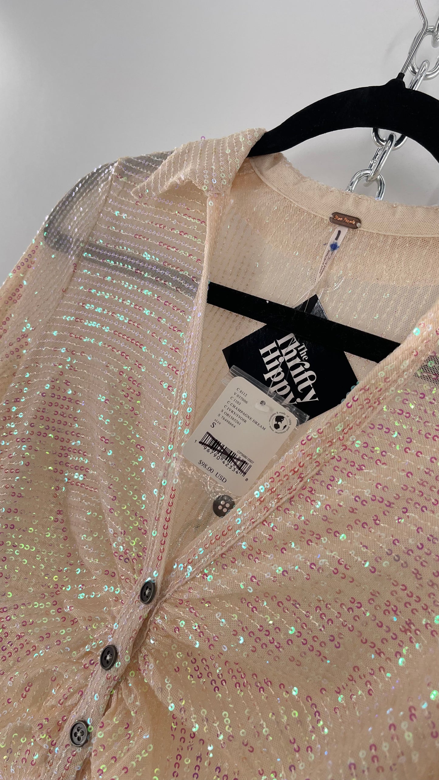 Free People Iridescent Sequined Button Front Ruched Bust Blouse with Tags Attached (Small)