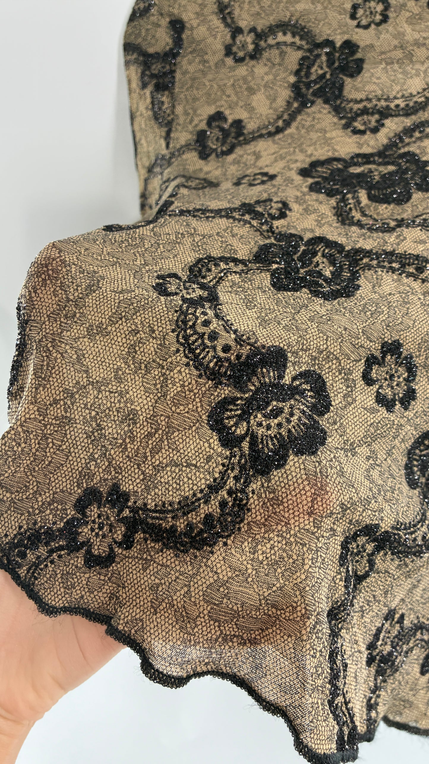 Vintage NEWPORT NEWS Sheer Lace Top with Glitter Floral Design (S/M)
