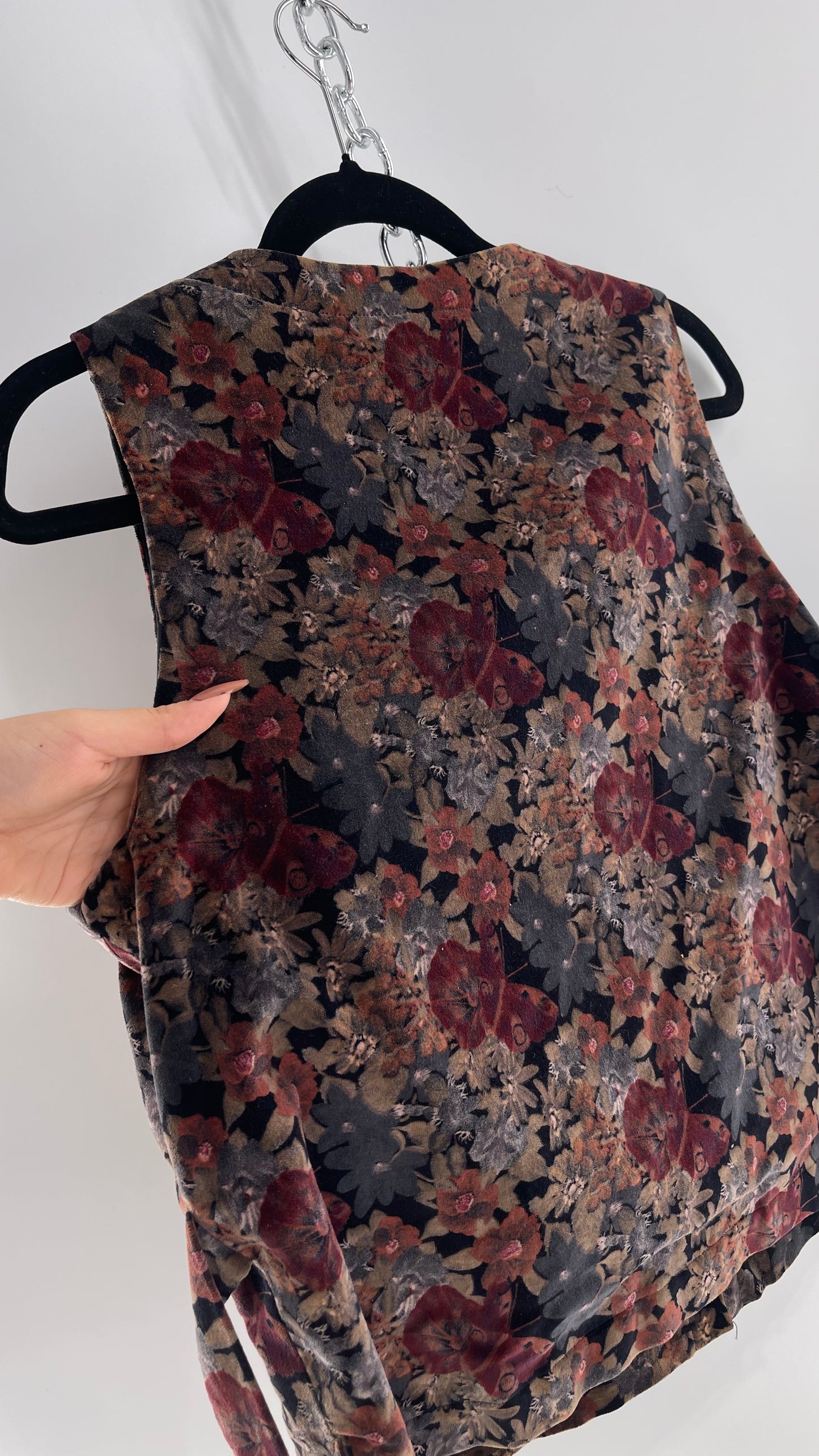 Vintage Muted Florals Velvet Vest with Front Pockets and Waist Tie (Medium)