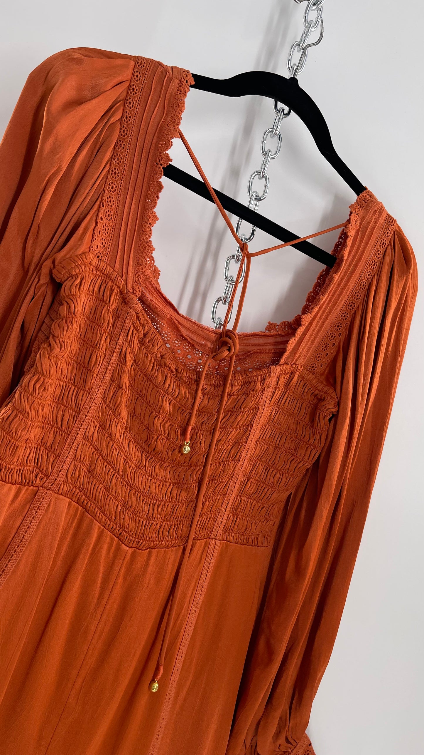 Free People Silky Orange Romper with Buttoned Sleeve Cuffs, Balloon Sleeves and Pleated Lace Bust (2)