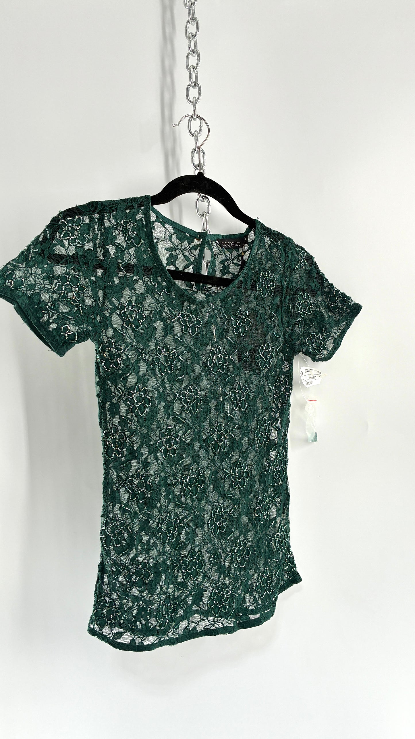 Imported Deadstock Vintage Green Beaded Floral Lace Fitted T (XS/S)